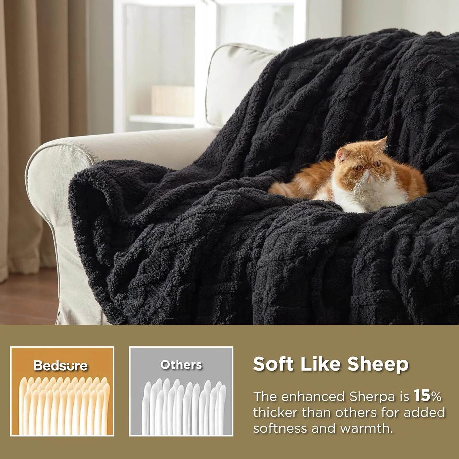 Bedsure Sherpa Queen Size Blanket for Bed - Fleece Soft Cozy Fuzzy Cable Blankets for Women, Thick Warm for Winter and All Seasons, Black, 90x90 Inches