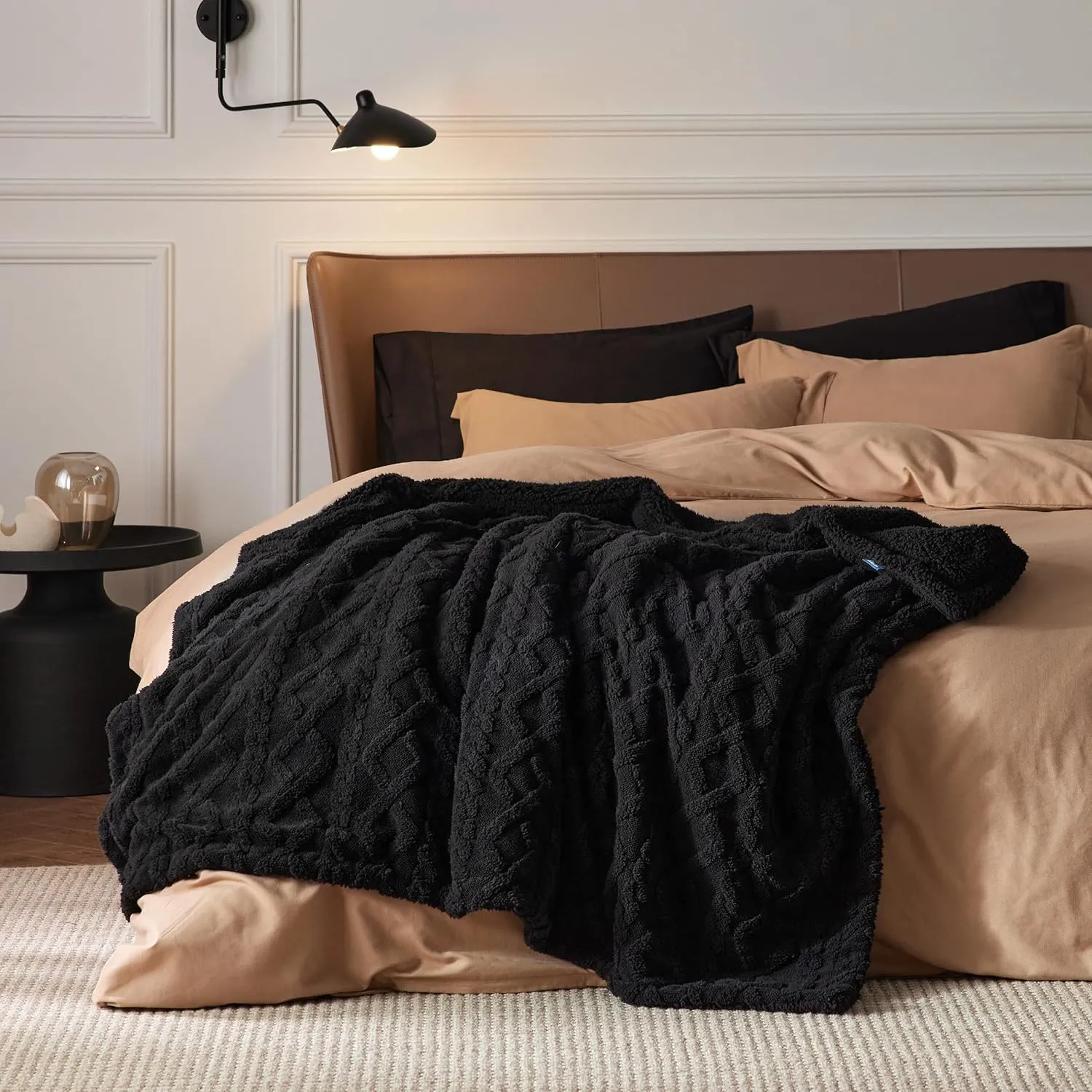 Bedsure Sherpa Queen Size Blanket for Bed - Fleece Soft Cozy Fuzzy Cable Blankets for Women, Thick Warm for Winter and All Seasons, Black, 90x90 Inches