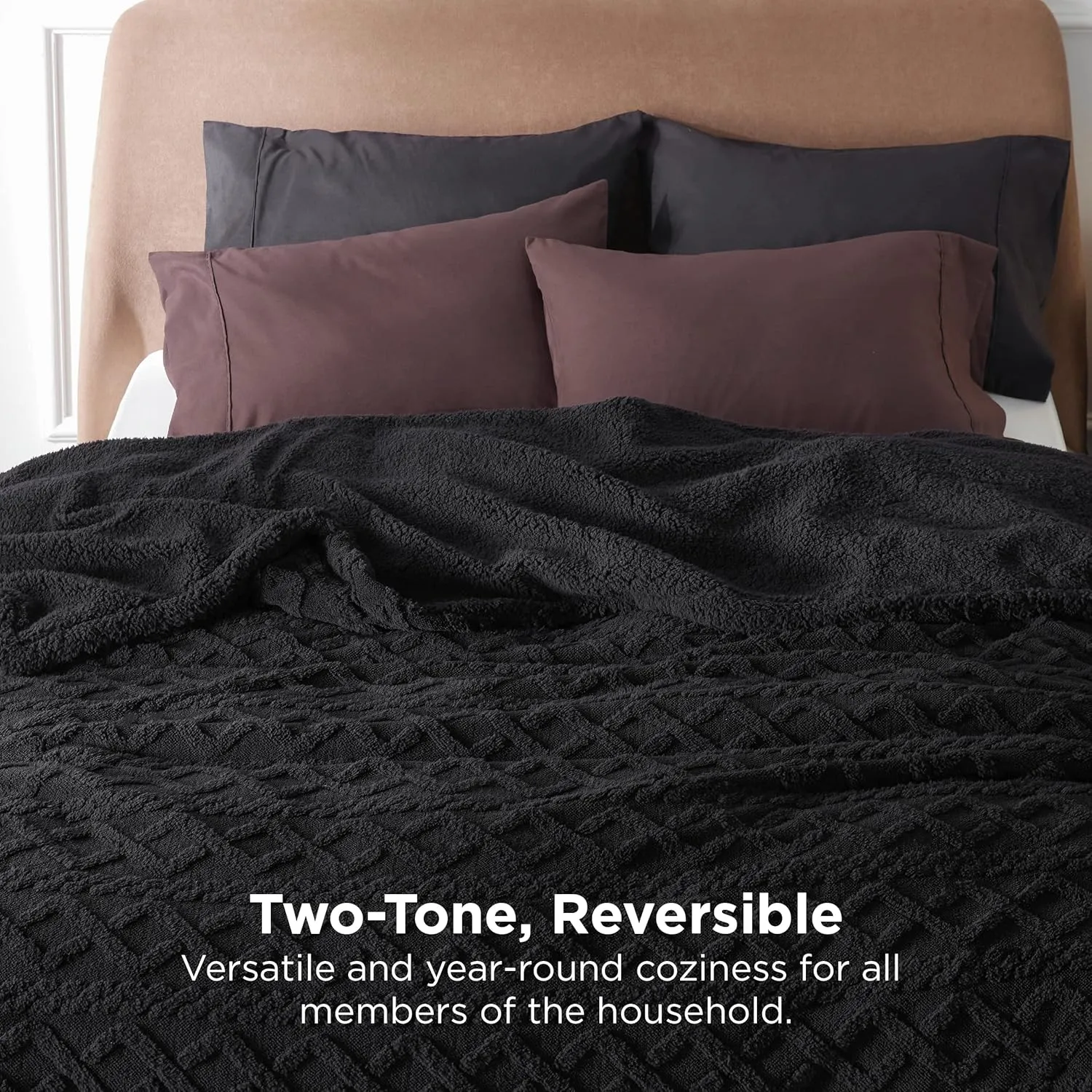 Bedsure Sherpa Queen Size Blanket for Bed - Fleece Soft Cozy Fuzzy Cable Blankets for Women, Thick Warm for Winter and All Seasons, Black, 90x90 Inches