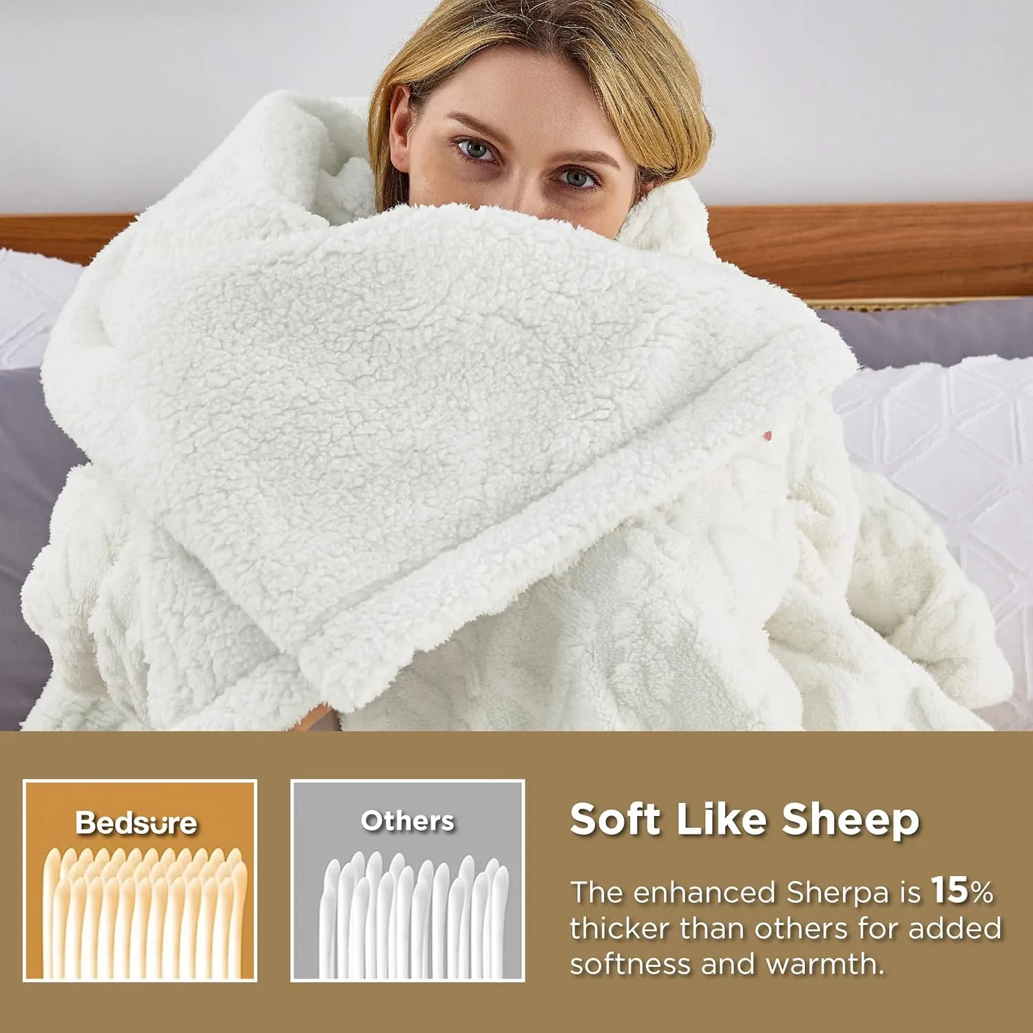 Bedsure Sherpa Queen Size Blanket for Bed - Fleece Soft Cozy Fuzzy Cable Blankets for Women, Thick Warm for Winter and All Seasons, Cream, 90x90 Inches