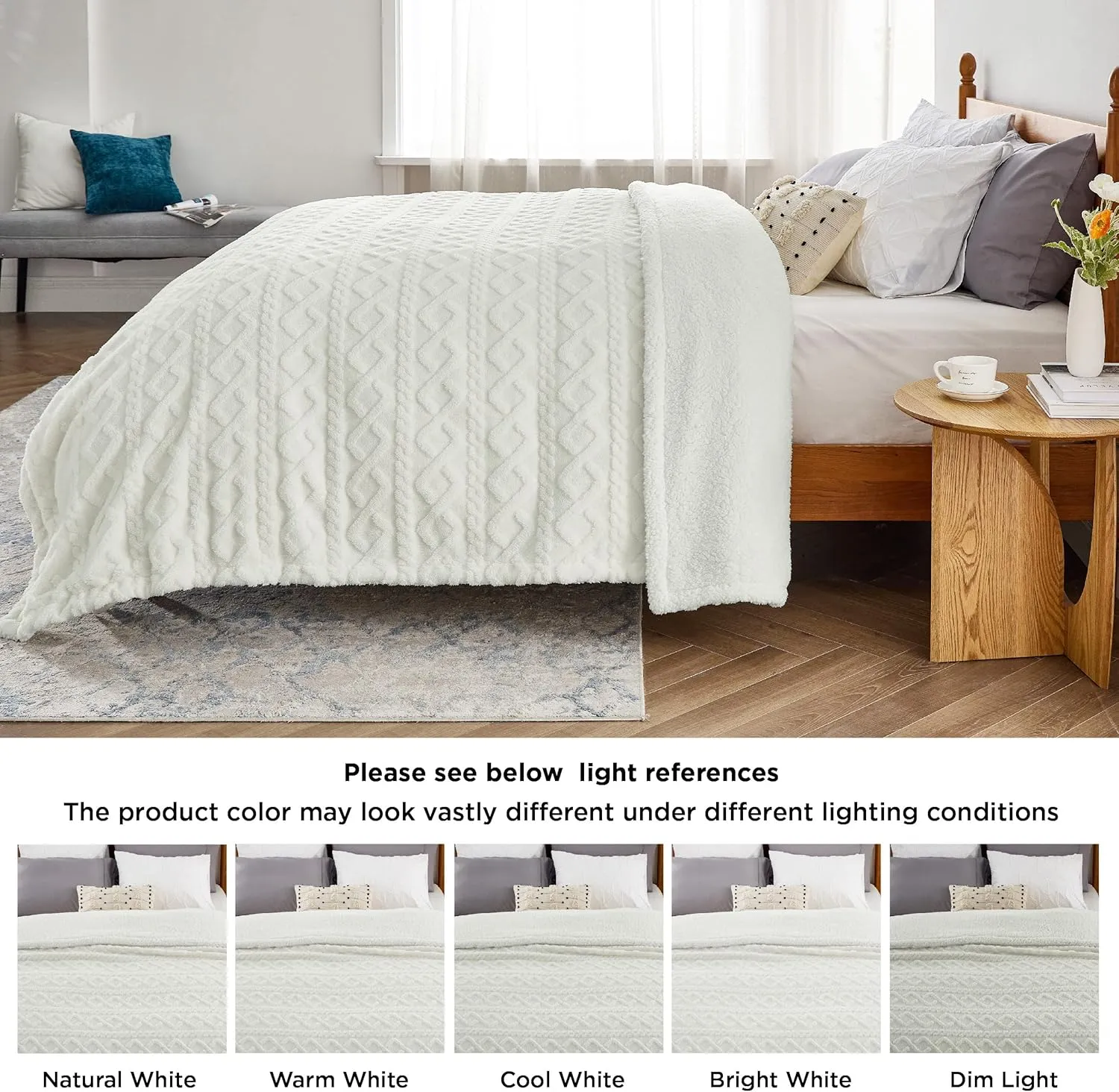 Bedsure Sherpa Queen Size Blanket for Bed - Fleece Soft Cozy Fuzzy Cable Blankets for Women, Thick Warm for Winter and All Seasons, Cream, 90x90 Inches