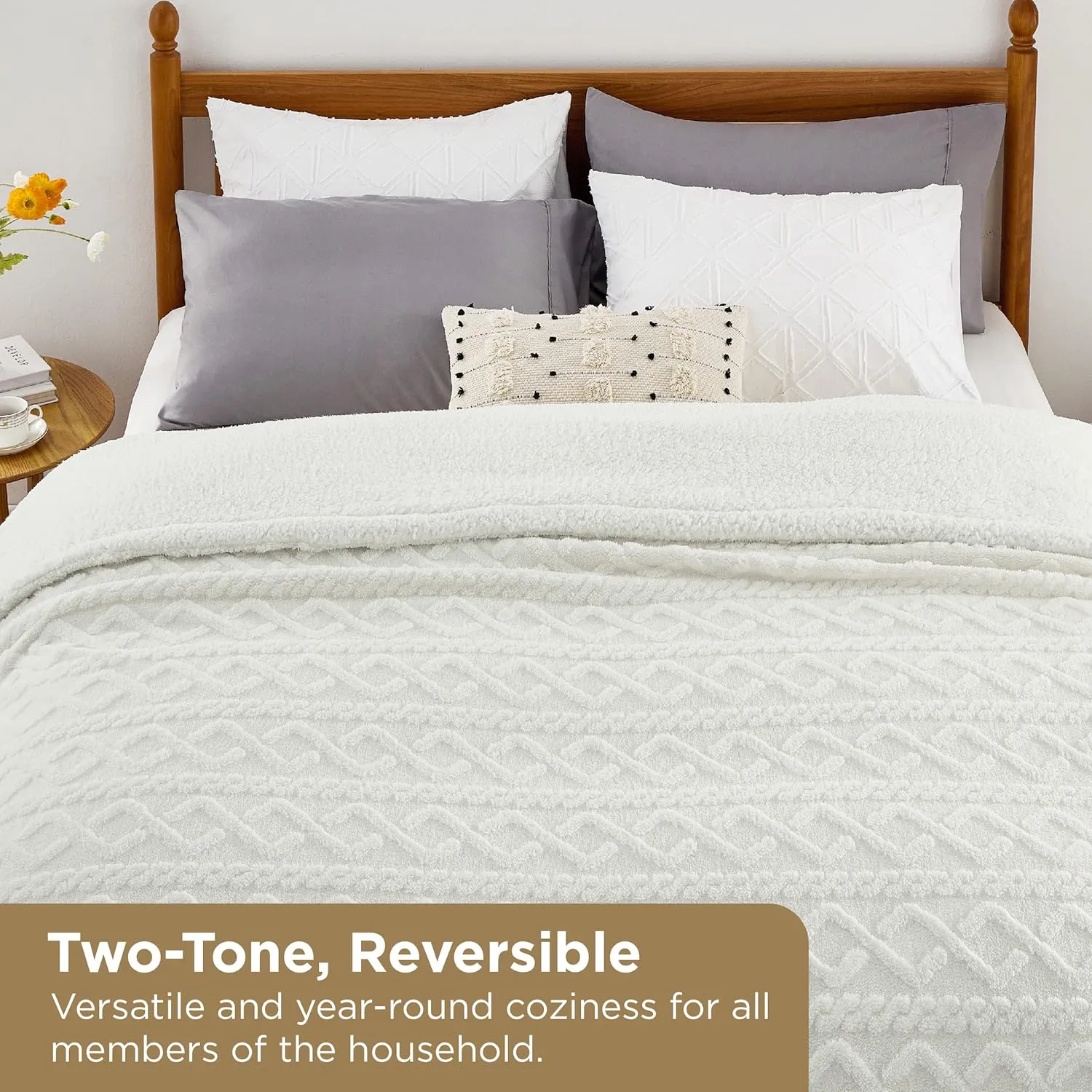 Bedsure Sherpa Queen Size Blanket for Bed - Fleece Soft Cozy Fuzzy Cable Blankets for Women, Thick Warm for Winter and All Seasons, Cream, 90x90 Inches