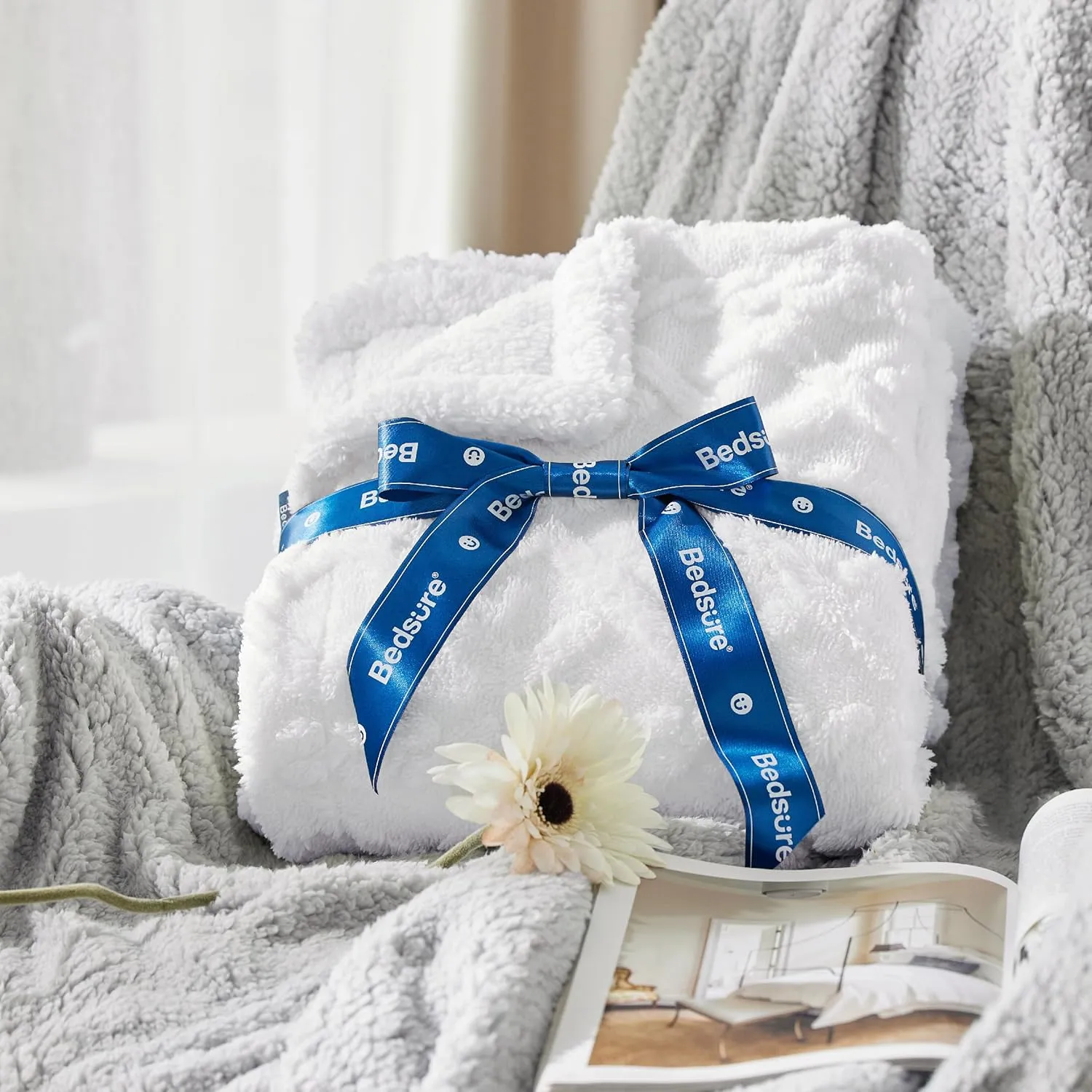 Bedsure Sherpa Queen Size Blanket for Bed - Fleece Soft Cozy Fuzzy Cable Blankets for Women, Thick Warm for Winter and All Seasons, White, 90x90 Inches