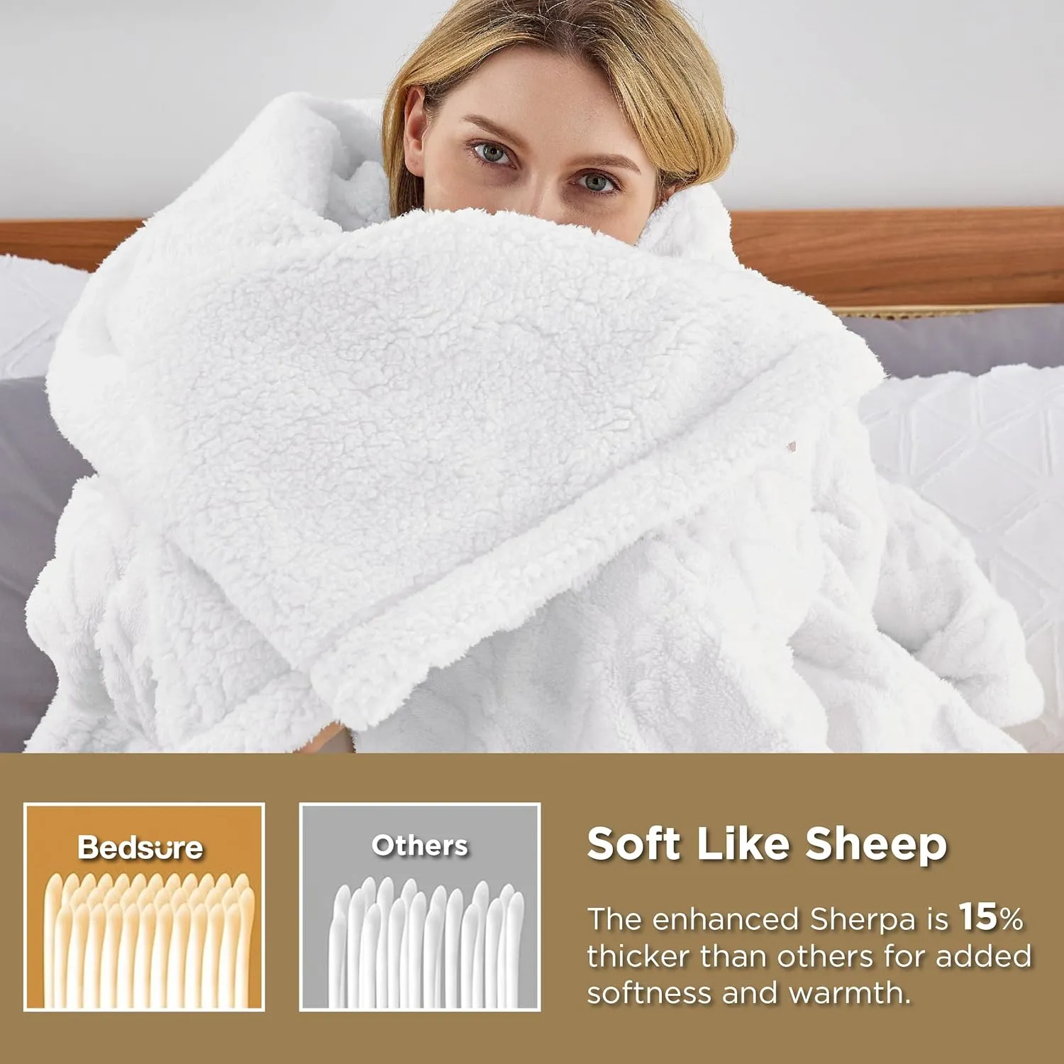 Bedsure Sherpa Queen Size Blanket for Bed - Fleece Soft Cozy Fuzzy Cable Blankets for Women, Thick Warm for Winter and All Seasons, White, 90x90 Inches