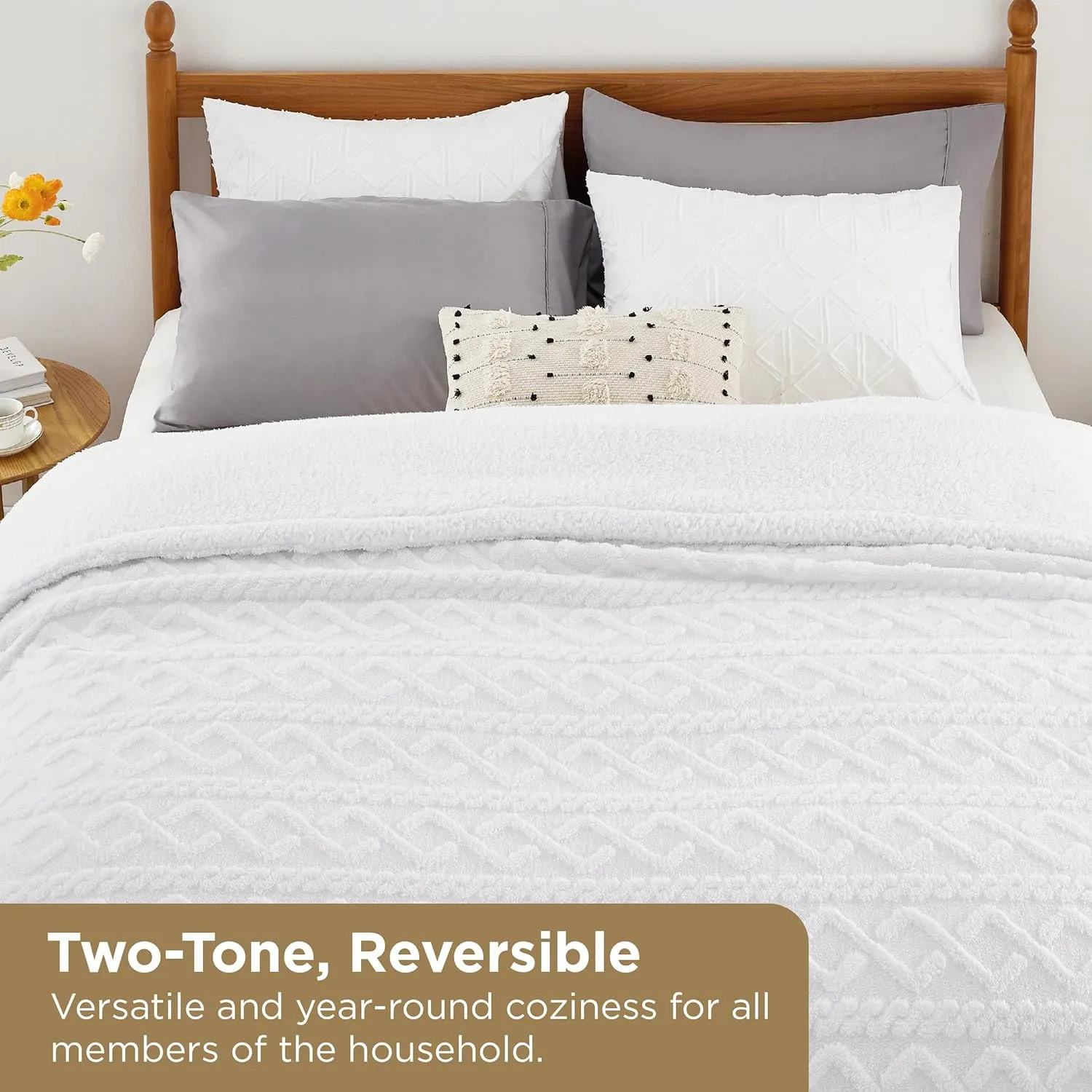 Bedsure Sherpa Queen Size Blanket for Bed - Fleece Soft Cozy Fuzzy Cable Blankets for Women, Thick Warm for Winter and All Seasons, White, 90x90 Inches