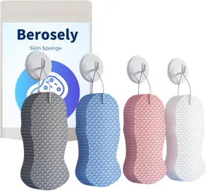 Berosely Radiant Skin Sponge - Exfoliating Body Scrubber for Sensitive Skin, Shower & Bath Use, Deep Cleansing with Soft High-Density Sponge, Gentle Exfoliation, Hanging Rope (Grey Blue Pink White)