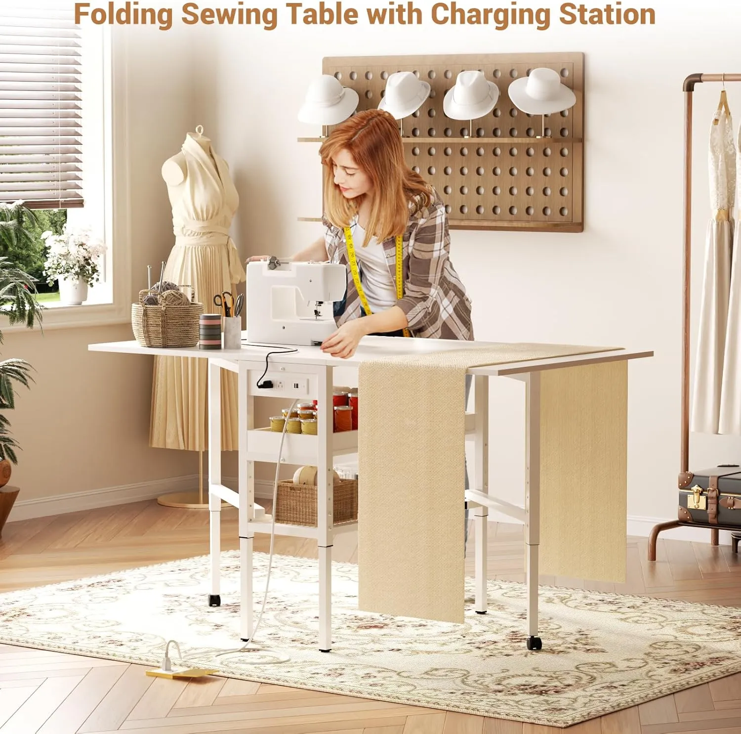 Besiost Folding Sewing Cutting Table with Charging Station, Height Adjustable Craft Table with Storage, 50" Foldable Fabric Cutting Tables for Sewing Room Craft Room, White