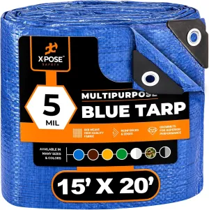 Better Blue Poly Tarp 15' x 20' - Multipurpose Protective Cover - Lightweight, Durable, Waterproof, Weather Proof - 5 Mil Thick Polyethylene - by Xpose Safety