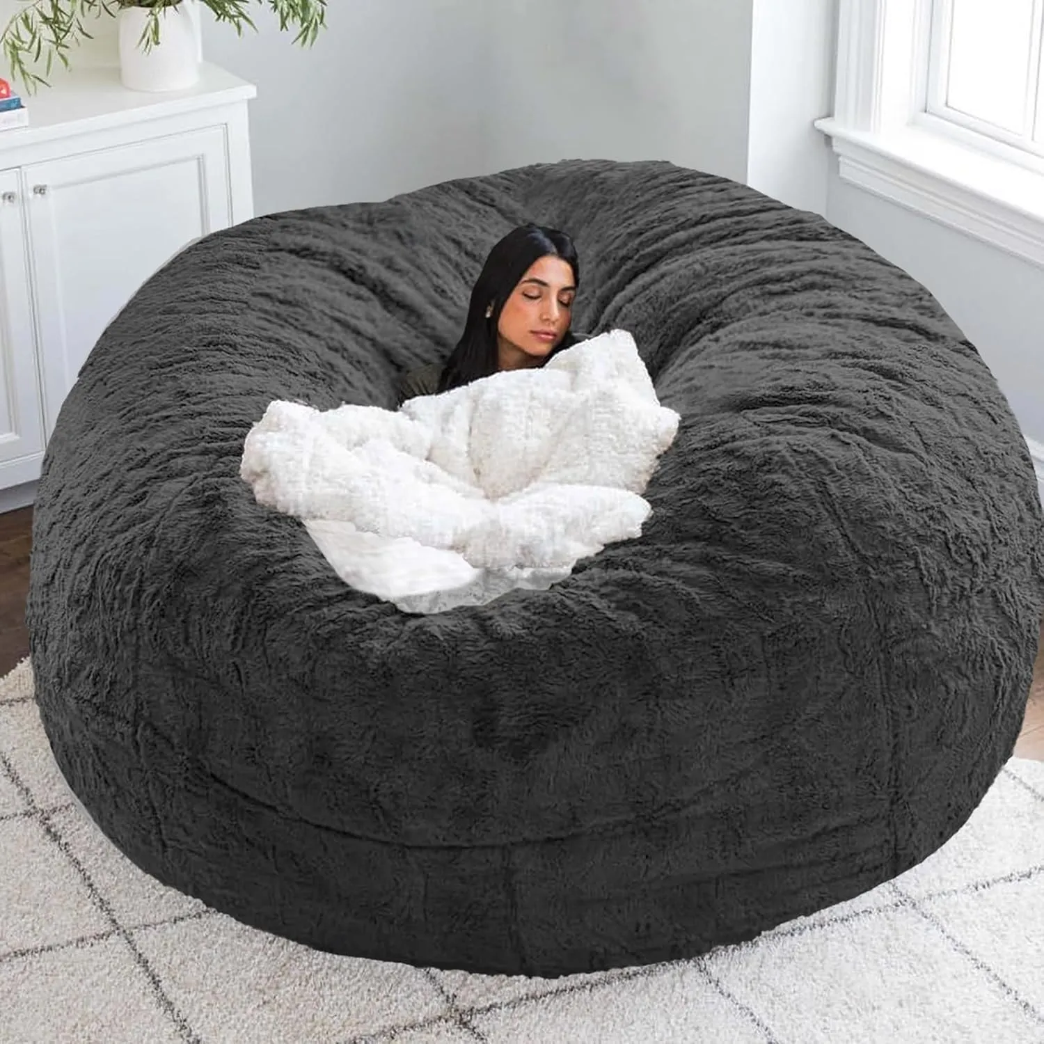 Big Beanbag Chair for Adults and Kids No Filling Comfy Cover for Lazy Sofa Bedroom Floor Chair, Dark Grey, 7FT