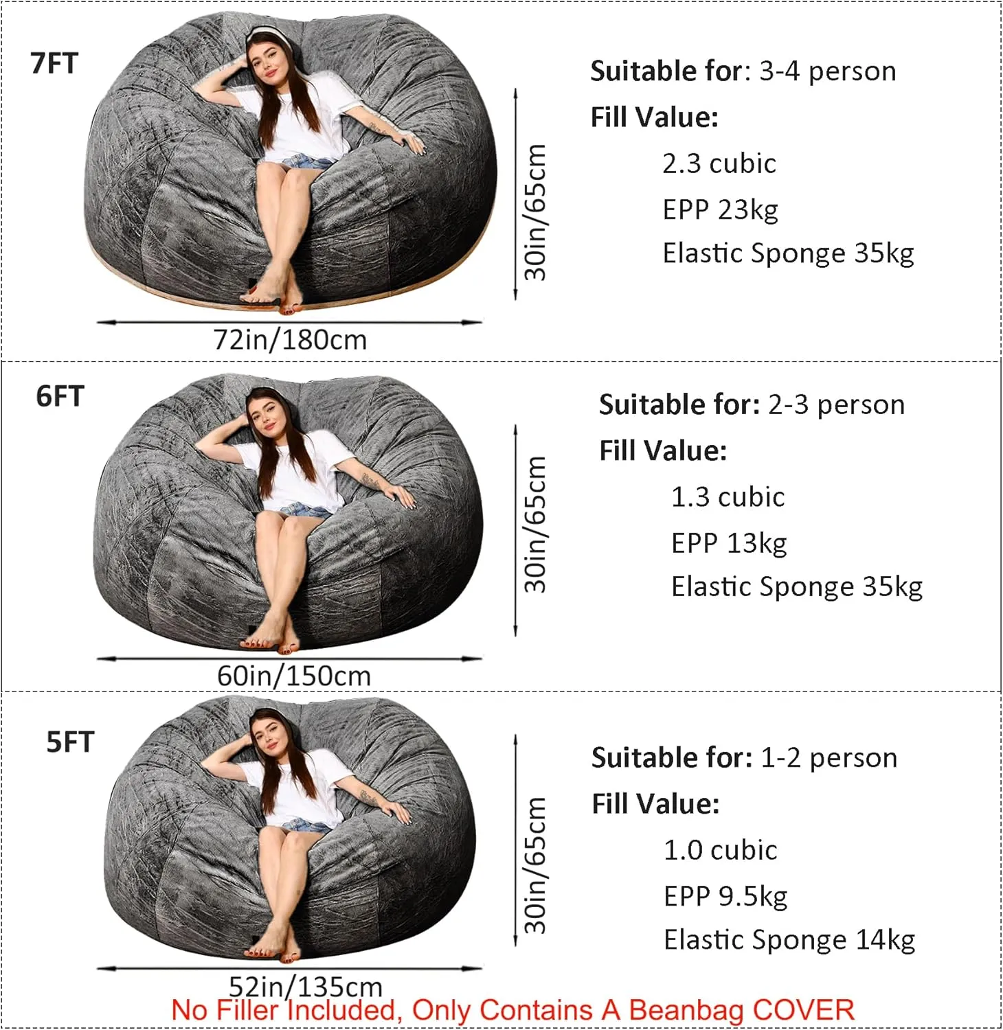 Big Beanbag Chair for Adults and Kids No Filling Comfy Cover for Lazy Sofa Bedroom Floor Chair, Dark Grey, 7FT