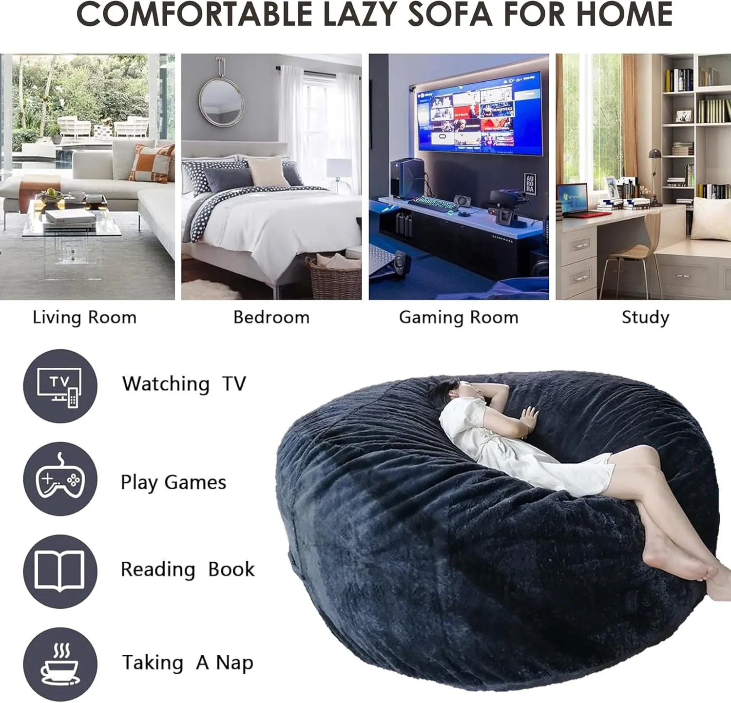 Big Beanbag Chair for Adults and Kids No Filling Comfy Cover for Lazy Sofa Bedroom Floor Chair, Dark Grey, 7FT