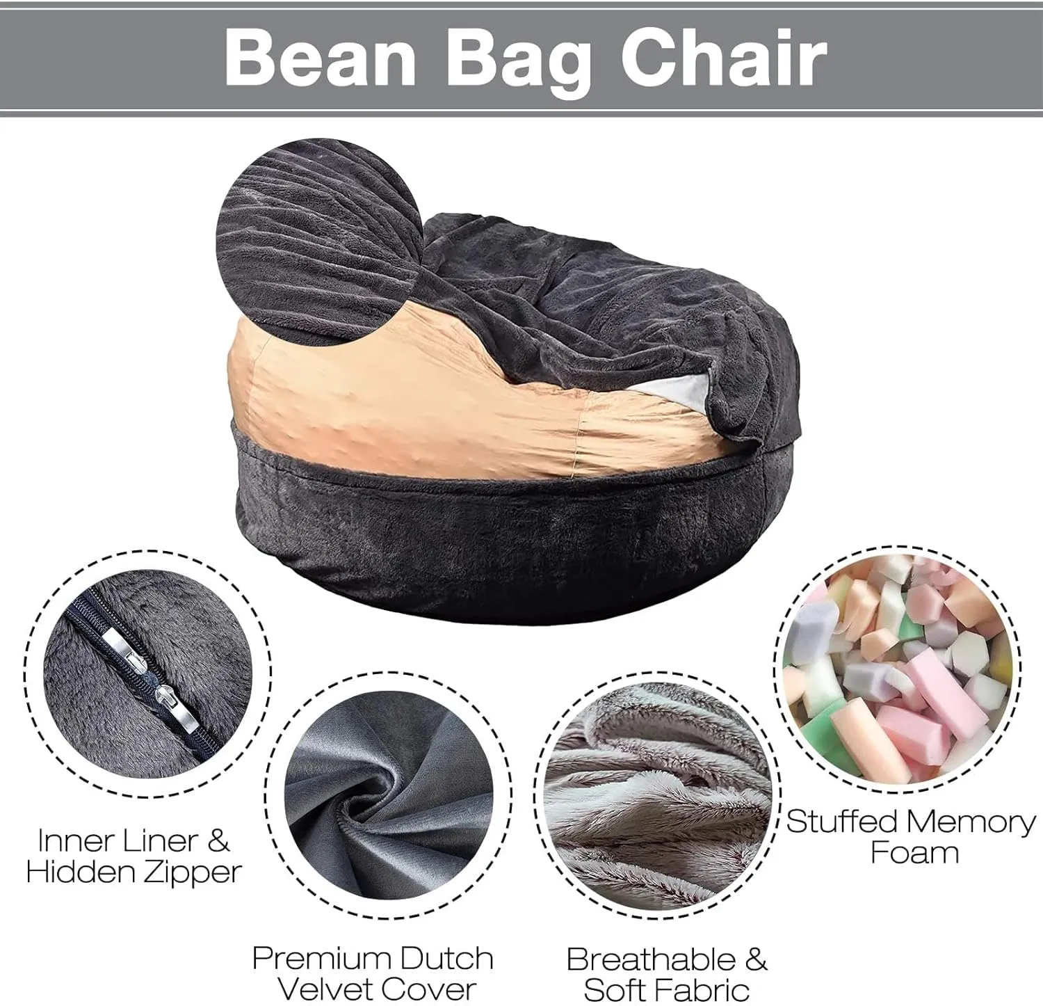 Big Huge Giant Bean Bag Chair Cover for Adults, (No Filler) Machine Washable Covers Bean Bag Chairs in Multiple Sizes and Colors Giant Foam-Filled Furniture Filled Furniture (6FT,Black)