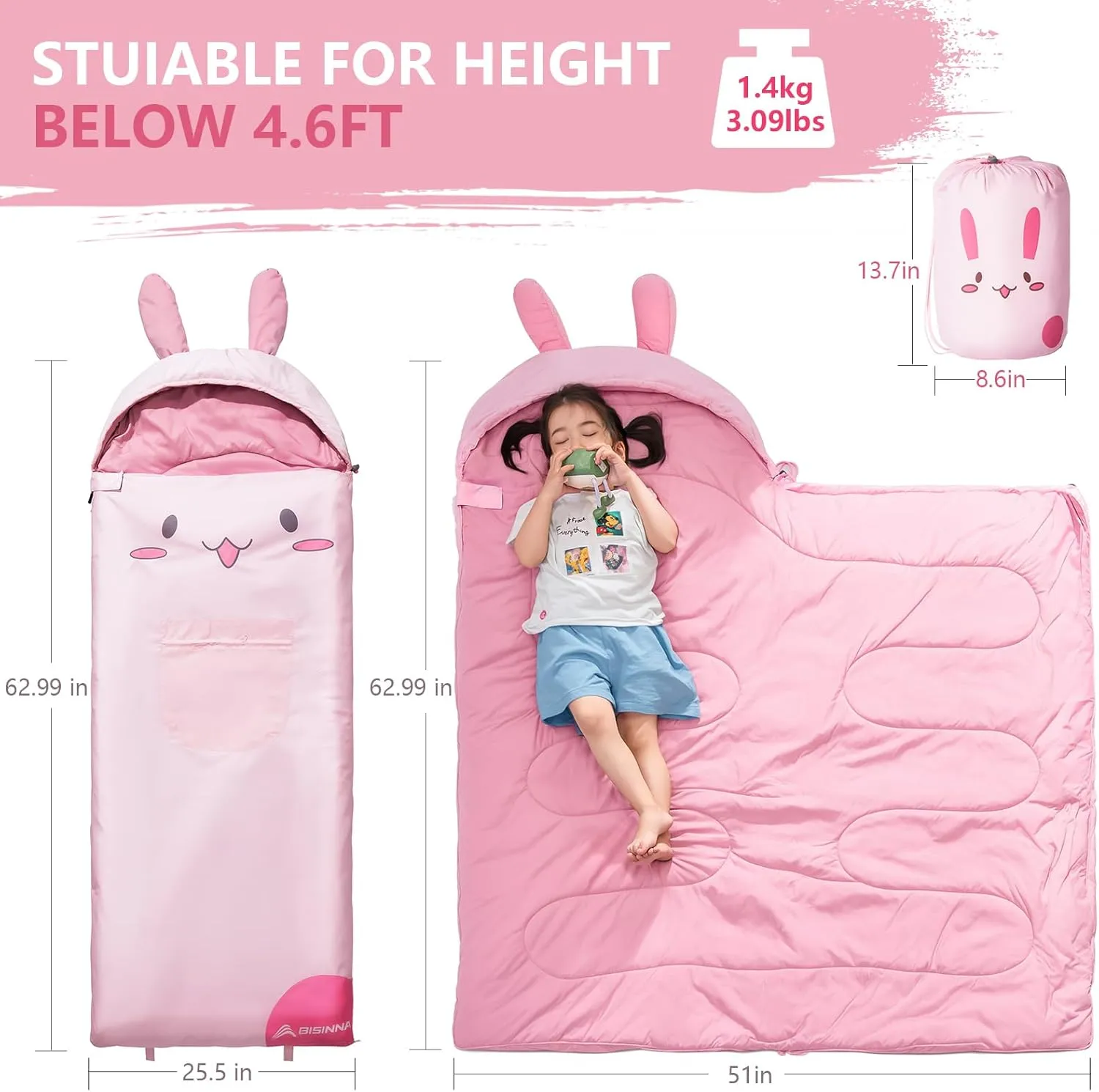 BISINNA Kids Sleeping Bag for Boys Girls with Pillow 3 Season Camping Sleeping Bag Portable for Children Hiking Backpacking Indoor Outdoor