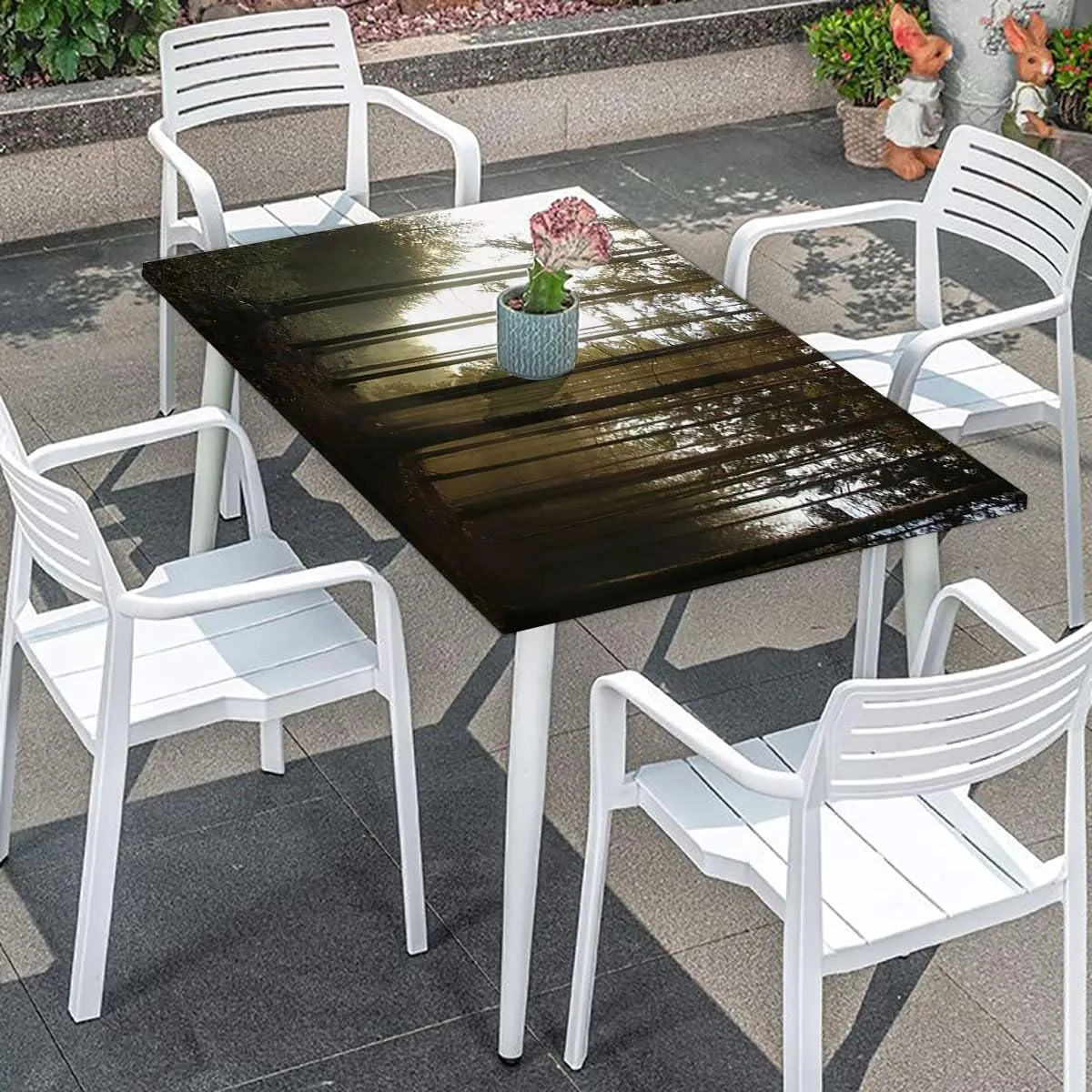 Black Green Elastic Fitted Picnic Table Cover Sunrise Forest Mother Nature Themed Elastic Fitted Tablecloth Waterproof Wipeable Forest Scenic Fits up 5 Foot Tables