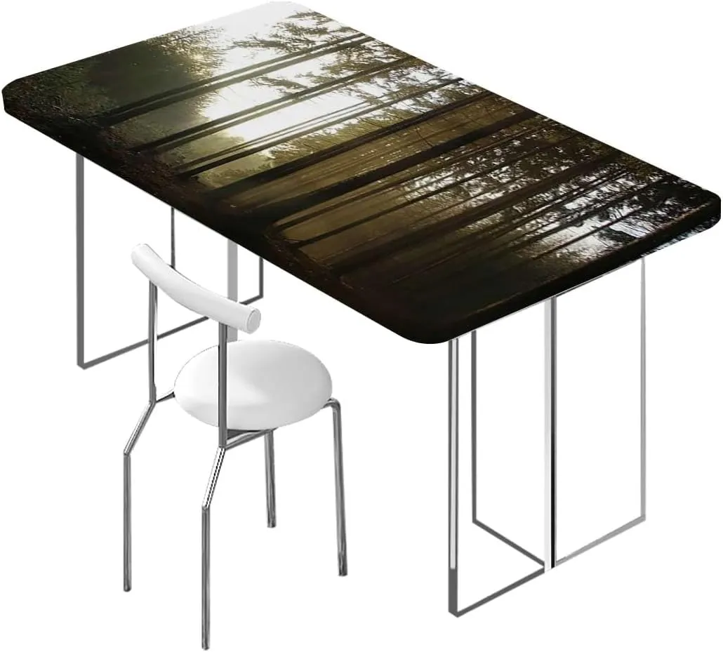 Black Green Elastic Fitted Picnic Table Cover Sunrise Forest Mother Nature Themed Elastic Fitted Tablecloth Waterproof Wipeable Forest Scenic Fits up 5 Foot Tables