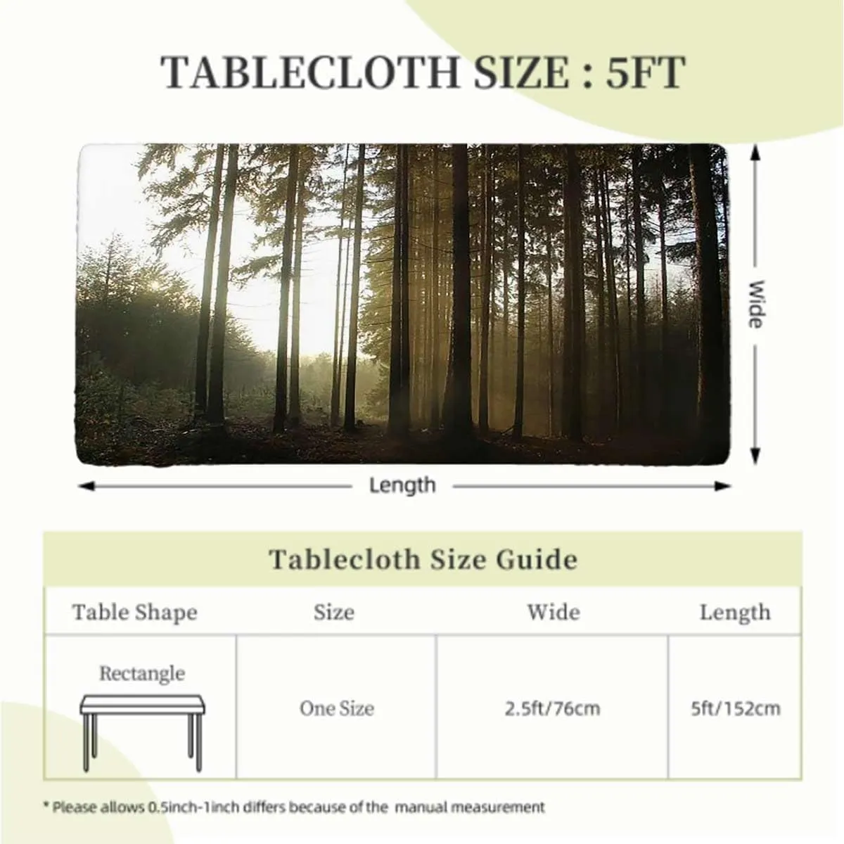 Black Green Elastic Fitted Picnic Table Cover Sunrise Forest Mother Nature Themed Elastic Fitted Tablecloth Waterproof Wipeable Forest Scenic Fits up 5 Foot Tables