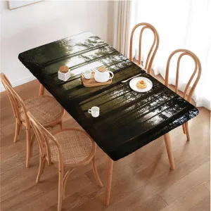 Black Green Elastic Fitted Picnic Table Cover Sunrise Forest Mother Nature Themed Elastic Fitted Tablecloth Waterproof Wipeable Forest Scenic Fits up 5 Foot Tables