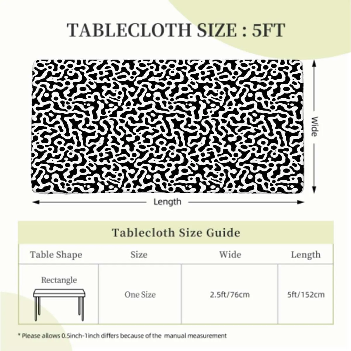 Black Grey Rectangle Tablecloth, with Black Spots Farm Life Animal Hide Pattern Washable Picnic Table Cover Indoor Outdoor Elastic Tablecloth Cow Print Fits up 5 Foot Tables