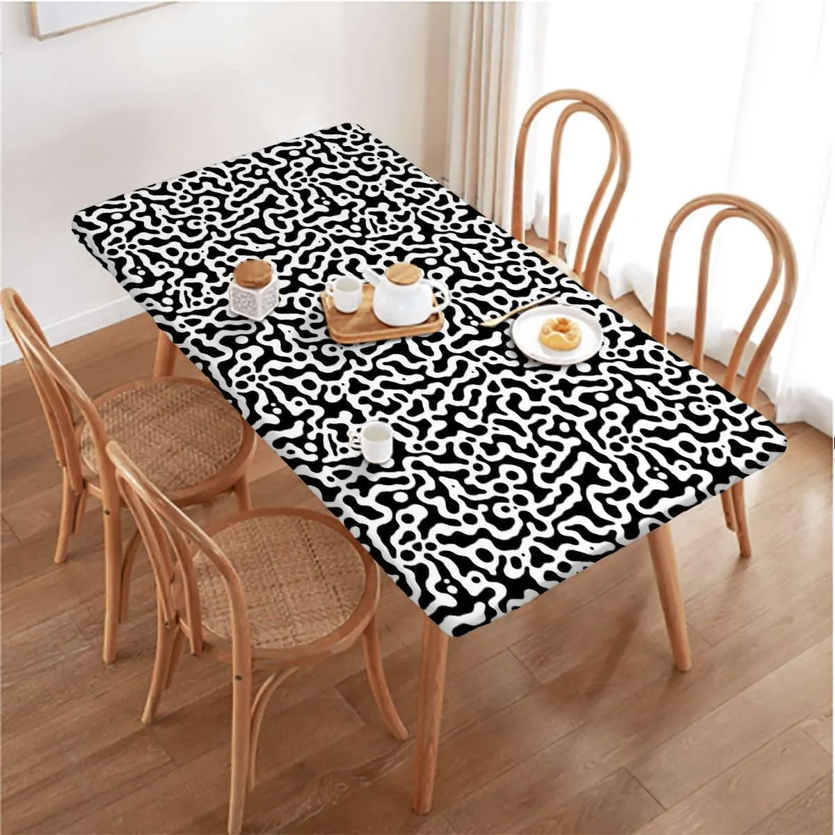 Black Grey Rectangle Tablecloth, with Black Spots Farm Life Animal Hide Pattern Washable Picnic Table Cover Indoor Outdoor Elastic Tablecloth Cow Print Fits up 5 Foot Tables