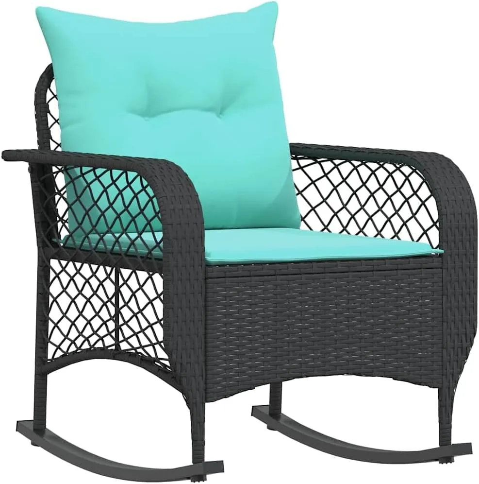 Black Poly Rattan Patio Rocking Chair with Cushions, Outdoor Furniture for Garden Backyard Porch, Weather-Resistant PE Wicker & Steel Frame, 242.5lb Capacity