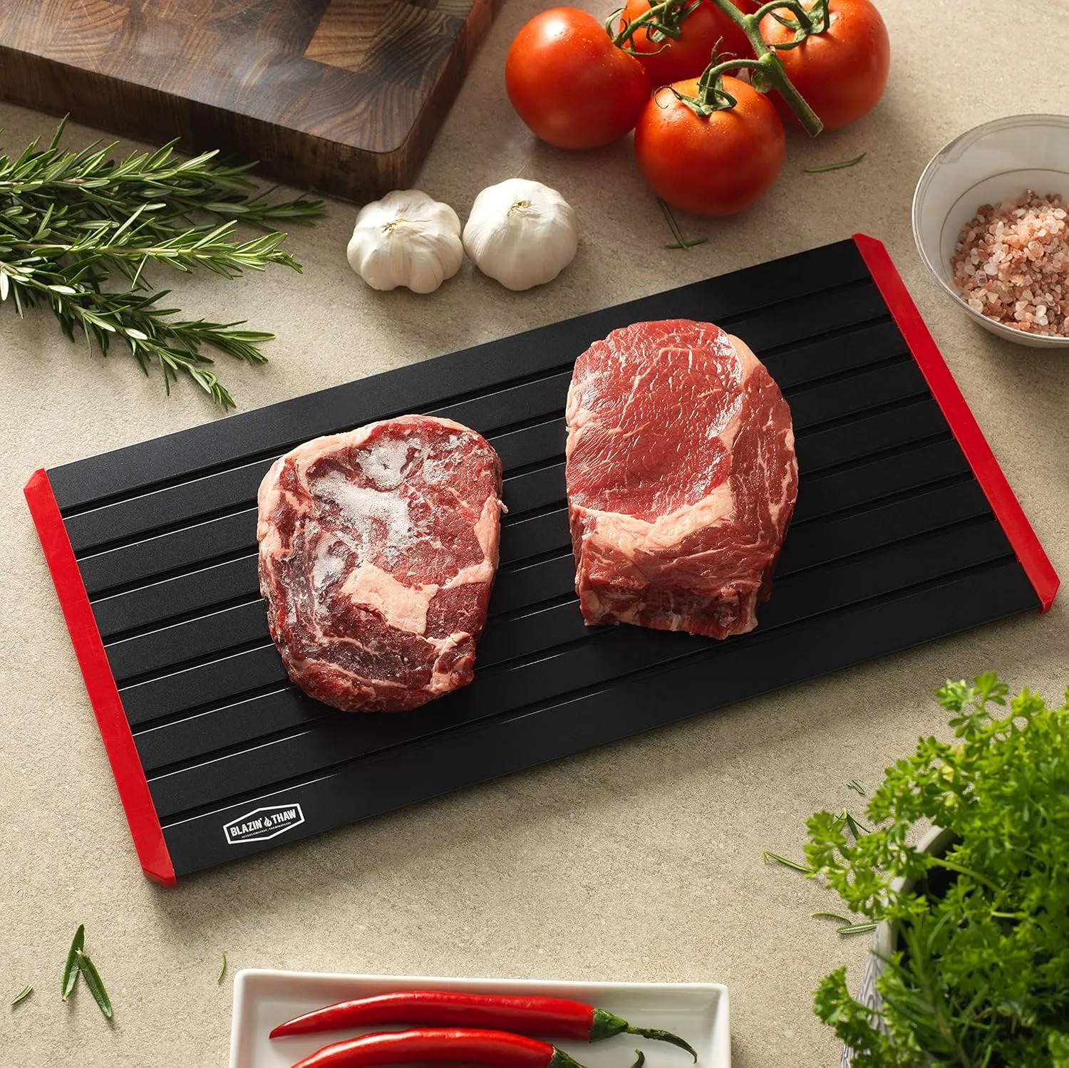 BLAZIN' THAW Defrosting Tray for Frozen Meat | 16" Family-Size | Aluminium Plate for Thawing Frozen Food | Natural Thawing Process | No Microwaves, No Cold/Warm Water Required |
