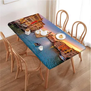 Blue Orange Rectangle Tables Decor Historical Buildings Famous Town Scenery Water Resistant, Windproof Table Protector for Dining Room Table European Fits up 5 Foot Tables