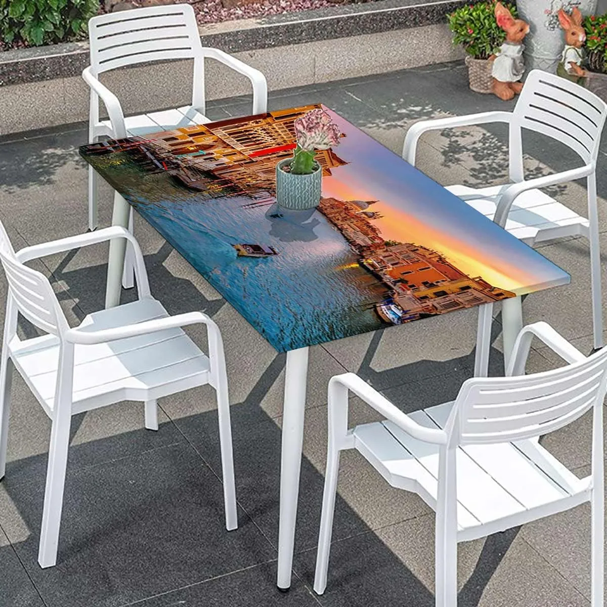 Blue Orange Rectangle Tables Decor Historical Buildings Famous Town Scenery Water Resistant, Windproof Table Protector for Dining Room Table European Fits up 5 Foot Tables