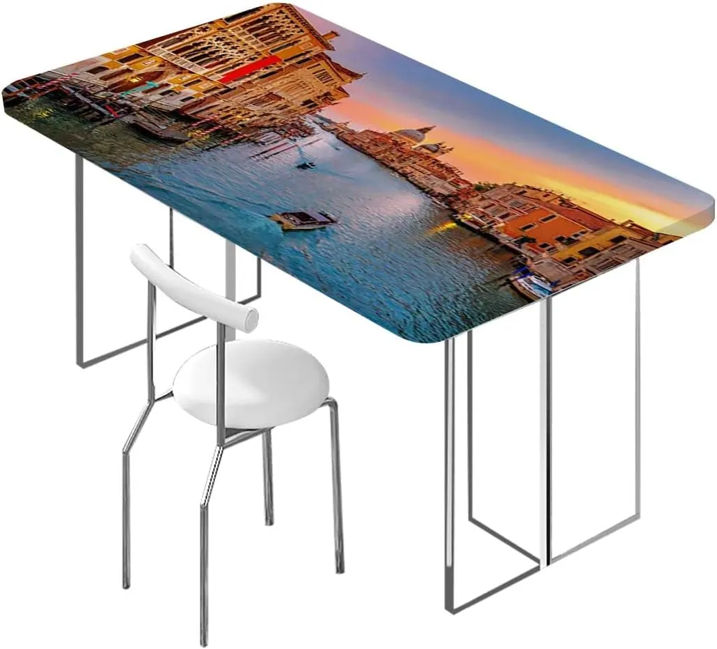 Blue Orange Rectangle Tables Decor Historical Buildings Famous Town Scenery Water Resistant, Windproof Table Protector for Dining Room Table European Fits up 5 Foot Tables