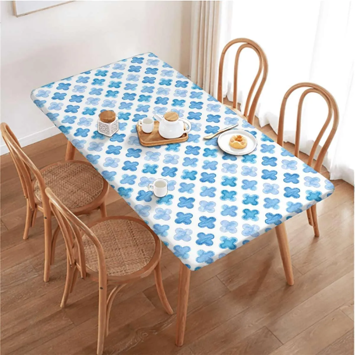 Blue Watercolor Elastic Fitted Picnic Table Cover Geometric Pattern Illustration Soft-Touch Fitted Table Cloth, Waterproof Oil-Proof Table Cover Mosaic Flower Fits up 4 Foot Tables