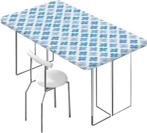 Blue Watercolor Elastic Fitted Picnic Table Cover Geometric Pattern Illustration Soft-Touch Fitted Table Cloth, Waterproof Oil-Proof Table Cover Mosaic Flower Fits up 4 Foot Tables