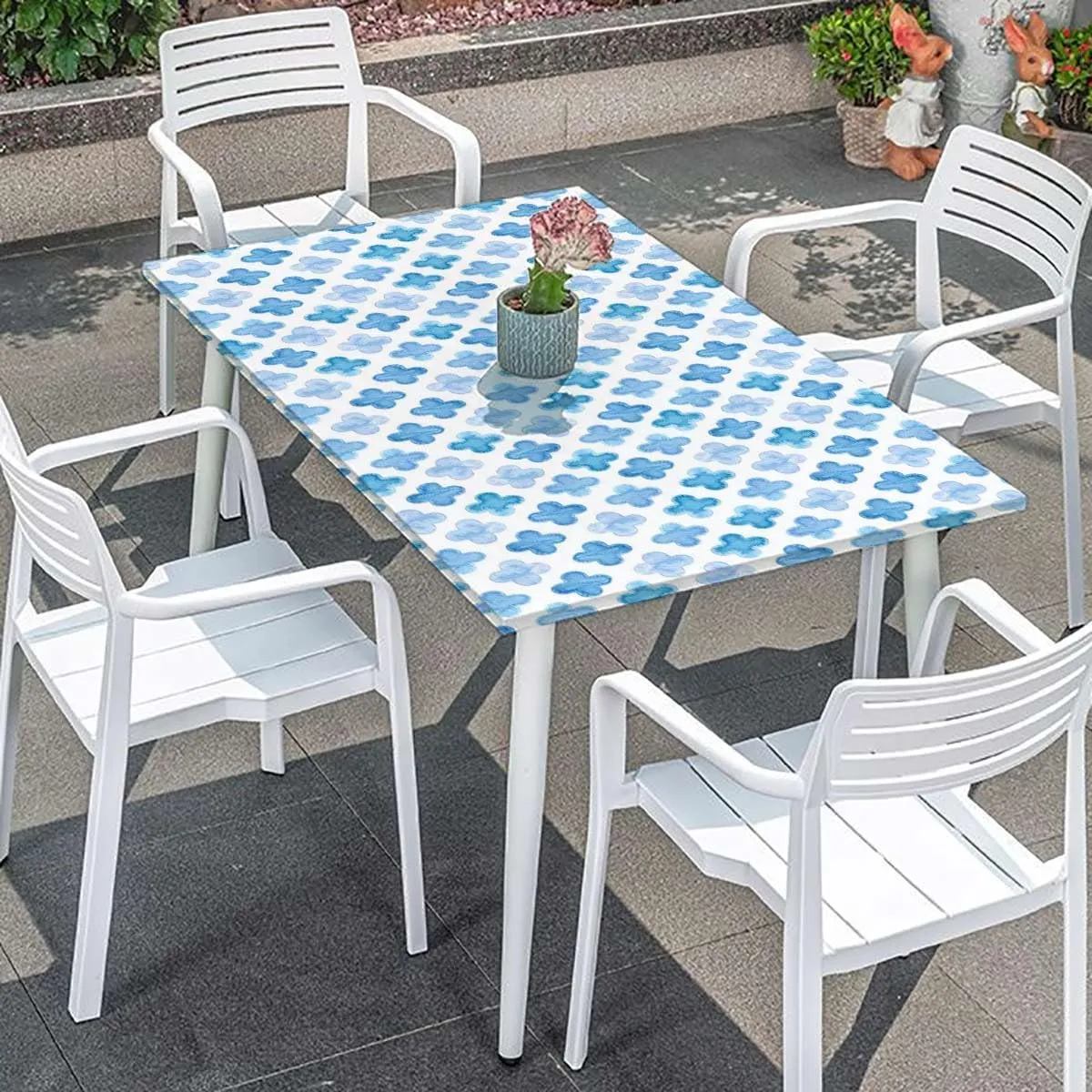Blue Watercolor Elastic Fitted Picnic Table Cover Geometric Pattern Illustration Soft-Touch Fitted Table Cloth, Waterproof Oil-Proof Table Cover Mosaic Flower Fits up 4 Foot Tables