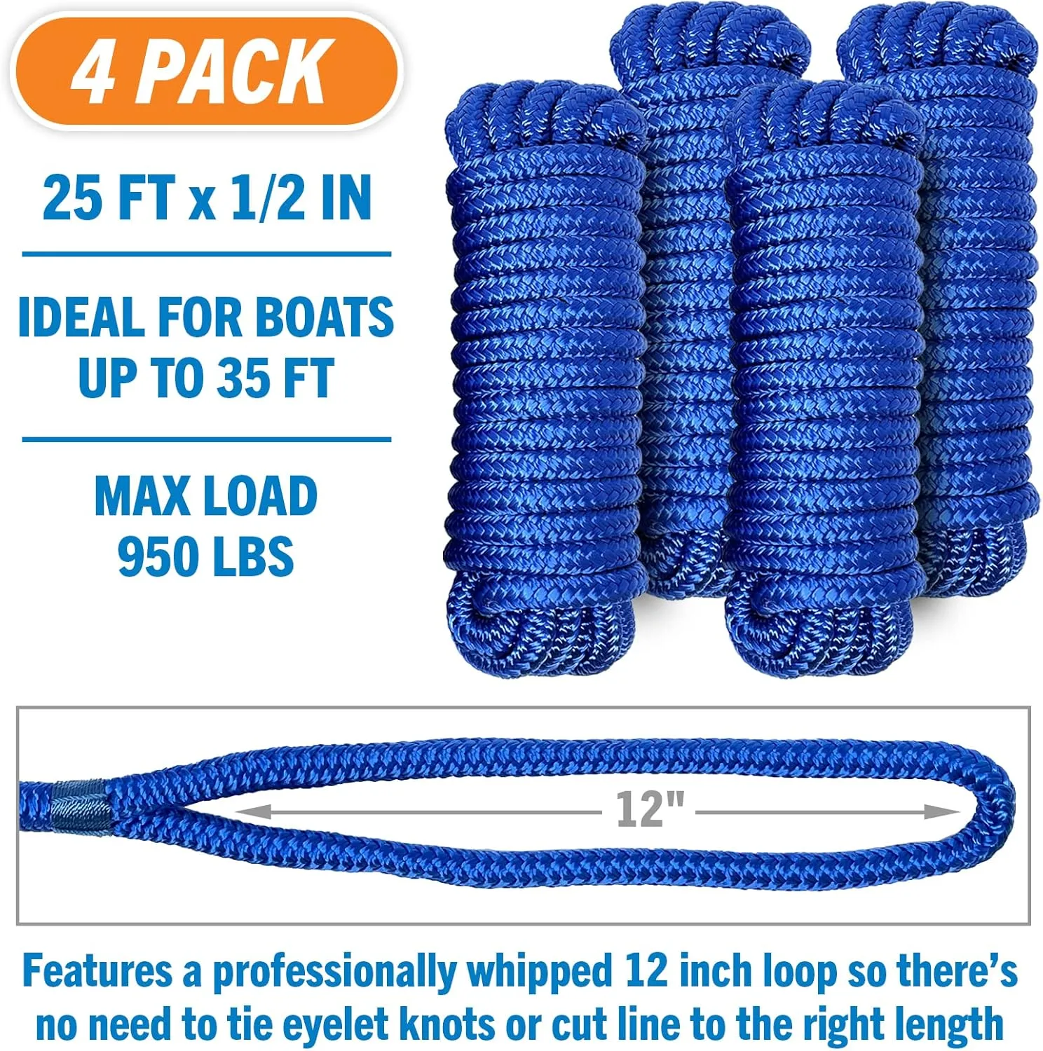 Boat Dock Lines, 1/2 Inch Braided Nylon Rope, 25 ft Mooring Marine Docking Lines with Loop, Royal Blue, 4 Pack