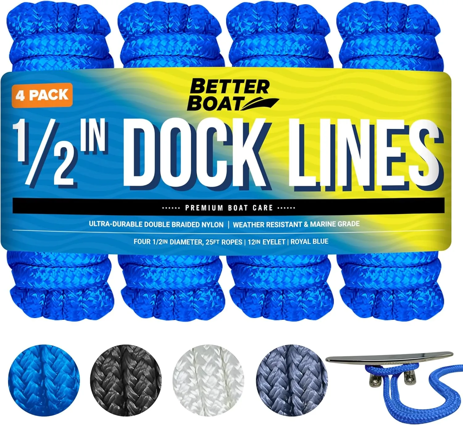 Boat Dock Lines, 1/2 Inch Braided Nylon Rope, 25 ft Mooring Marine Docking Lines with Loop, Royal Blue, 4 Pack