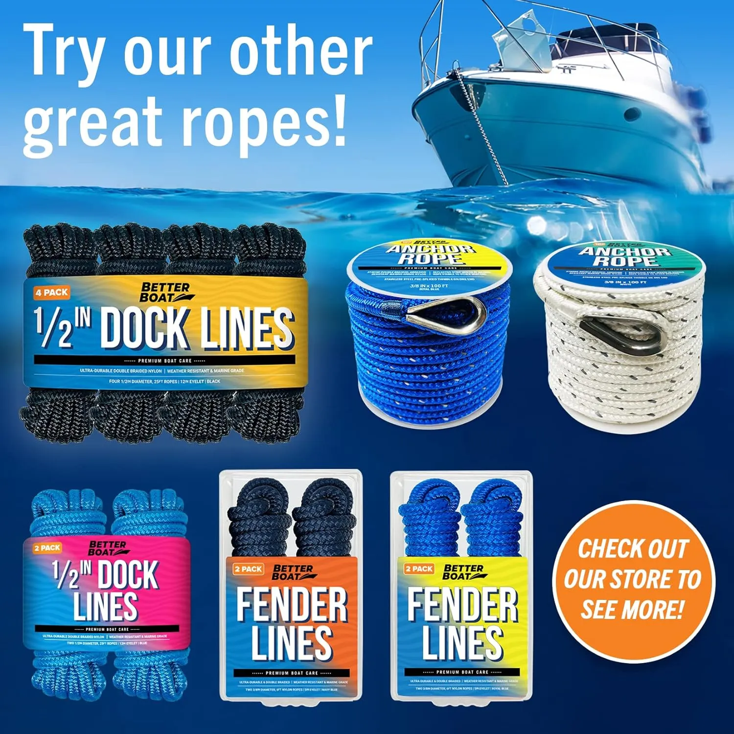 Boat Dock Lines, 1/2 Inch Braided Nylon Rope, 25 ft Mooring Marine Docking Lines with Loop, Royal Blue, 4 Pack