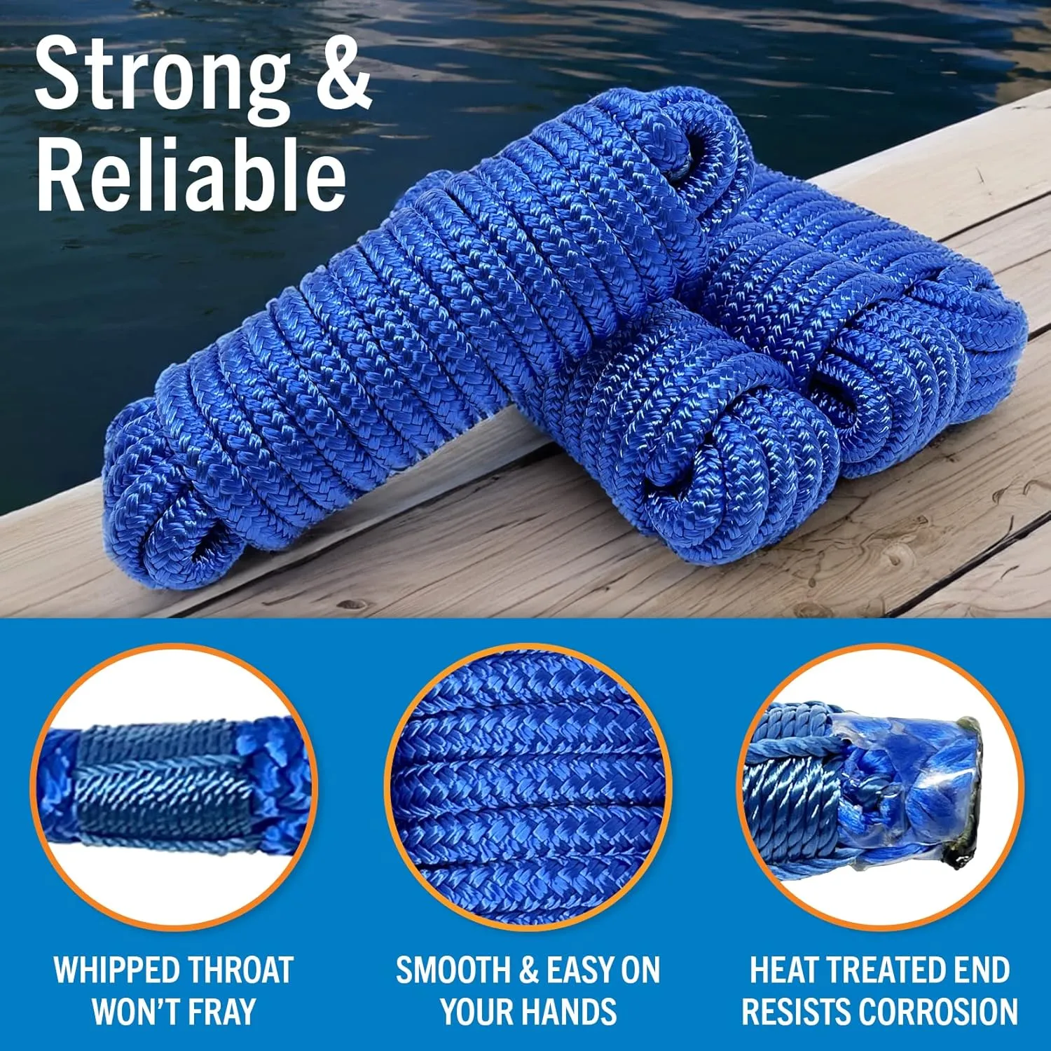 Boat Dock Lines, 1/2 Inch Braided Nylon Rope, 25 ft Mooring Marine Docking Lines with Loop, Royal Blue, 4 Pack