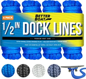 Boat Dock Lines, 1/2 Inch Braided Nylon Rope, 25 ft Mooring Marine Docking Lines with Loop, Royal Blue, 4 Pack