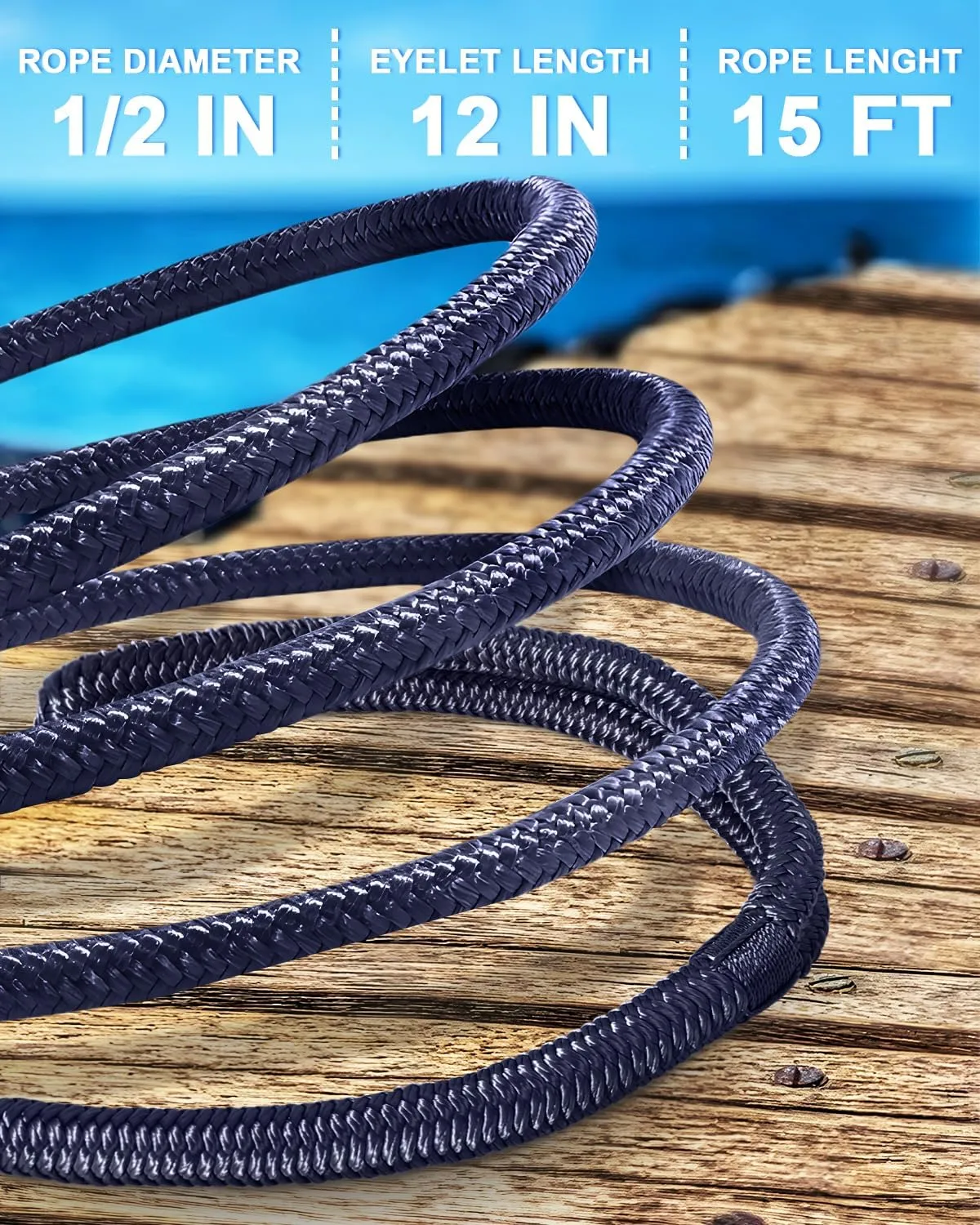 Boat Dock Lines 1/2”X 15’, Double Braided Nylon Boat Ropes for Docking with 12”Loop, 4 Pack Marine Dock Line Premium Mooring Rope for Kayak Pontoon Boats, Boat Dock Accessories