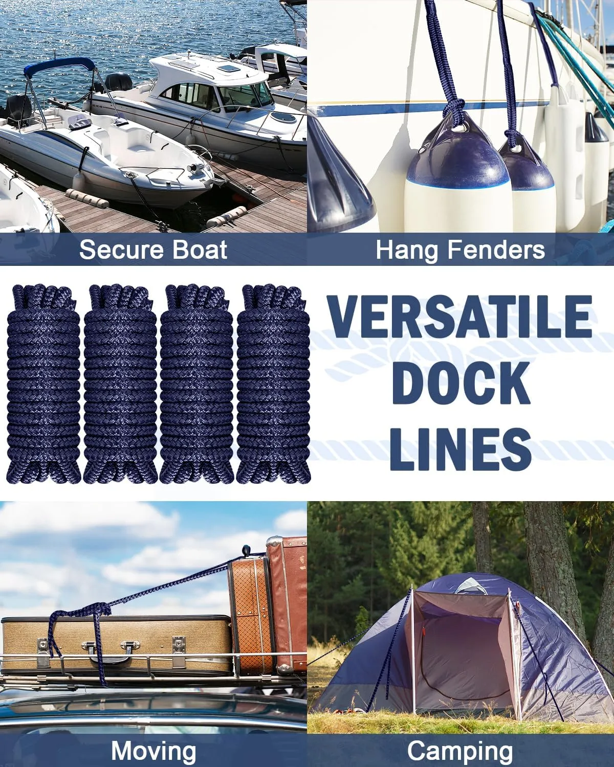 Boat Dock Lines 1/2”X 15’, Double Braided Nylon Boat Ropes for Docking with 12”Loop, 4 Pack Marine Dock Line Premium Mooring Rope for Kayak Pontoon Boats, Boat Dock Accessories