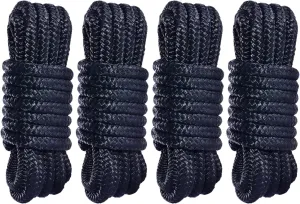 Boat Dock Lines 4 Pack 1/2x15’ - Marine-Grade Double Braided Nylon Dock Line with 12" Loop Boat Lines Dock Rope, Heavy Duty Mooring Rope for Boats & Pontoons (Black, 4 Pack)