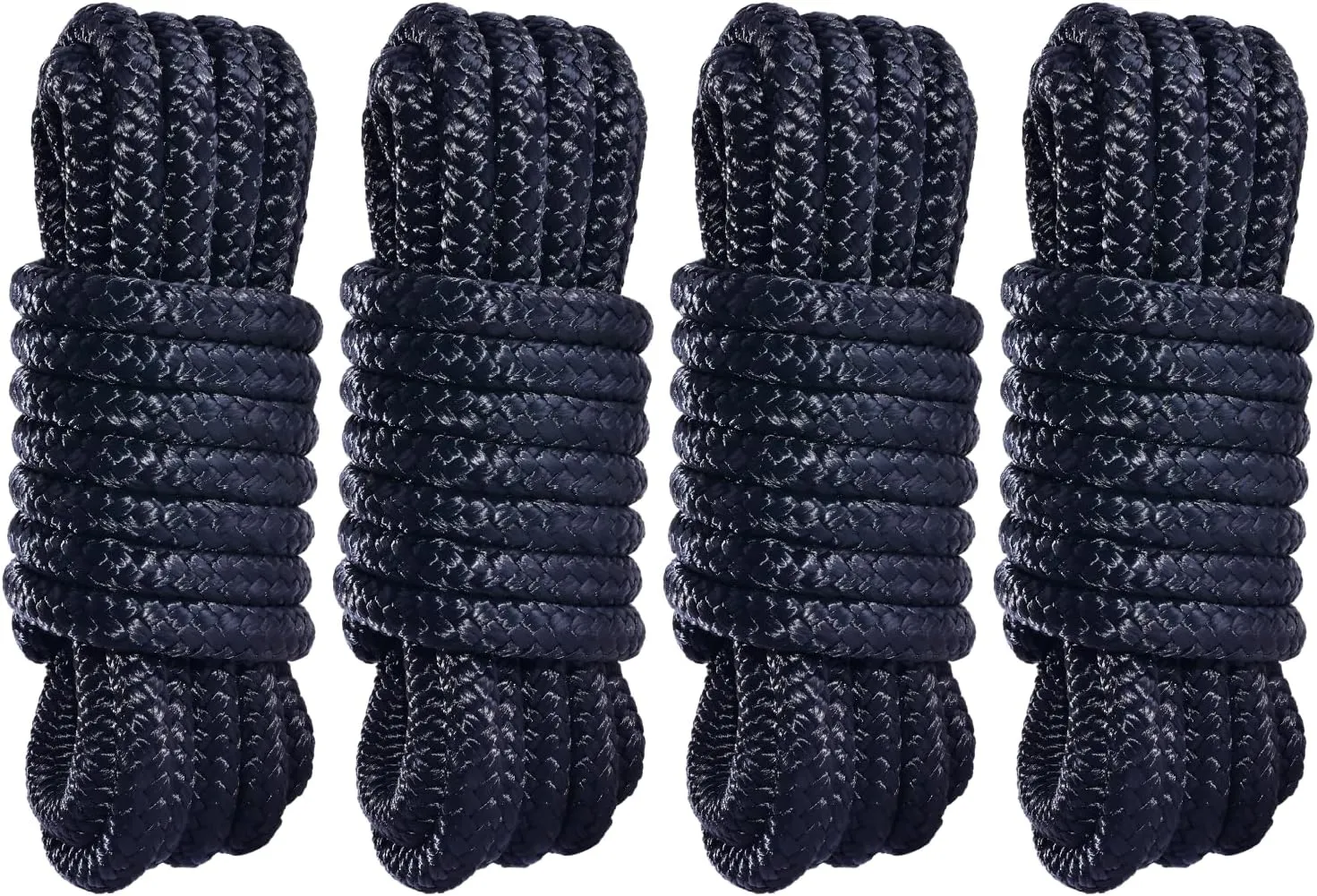 Boat Dock Lines 4 Pack 1/2x15’ - Marine-Grade Double Braided Nylon Dock Line with 12" Loop Boat Lines Dock Rope, Heavy Duty Mooring Rope for Boats & Pontoons (Black, 4 Pack)