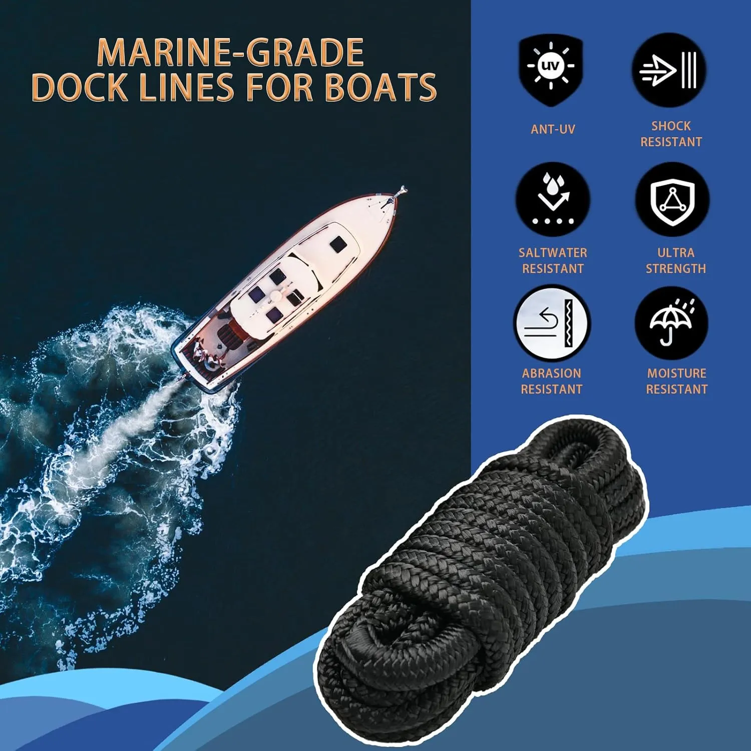 Boat Dock Lines & Ropes for Docking, 4 Pack 5/8" x 20ft Marine- Grade Double Braided Nylon Dock Line, Pre-Spliced with a 12" Eyelet, for Kayak Pontoon Boats Boat Dock Accessories