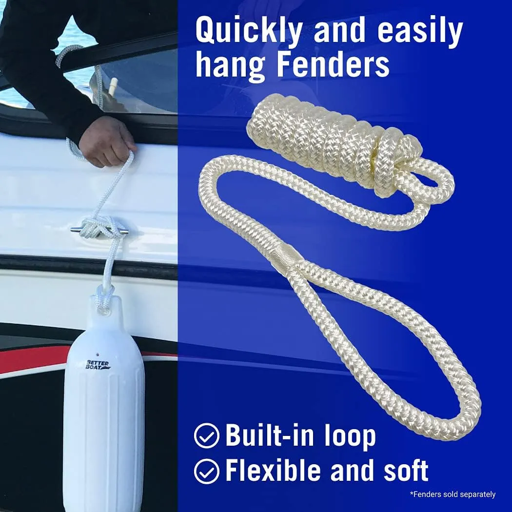 Boat Fender Lines, 3/8 Inch Double Braided Nylon Rope, 6 Ft with Loop, 2 Pack, White, for Buoy, Jet Ski Mooring, Docking & Small Boat Bumpers