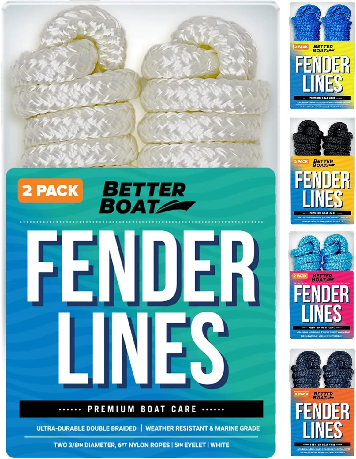 Boat Fender Lines, 3/8 Inch Double Braided Nylon Rope, 6 Ft with Loop, 2 Pack, White, for Buoy, Jet Ski Mooring, Docking & Small Boat Bumpers
