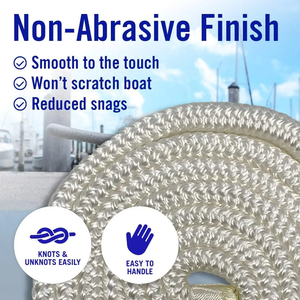 Boat Fender Lines, 3/8 Inch Double Braided Nylon Rope, 6 Ft with Loop, 2 Pack, White, for Buoy, Jet Ski Mooring, Docking & Small Boat Bumpers