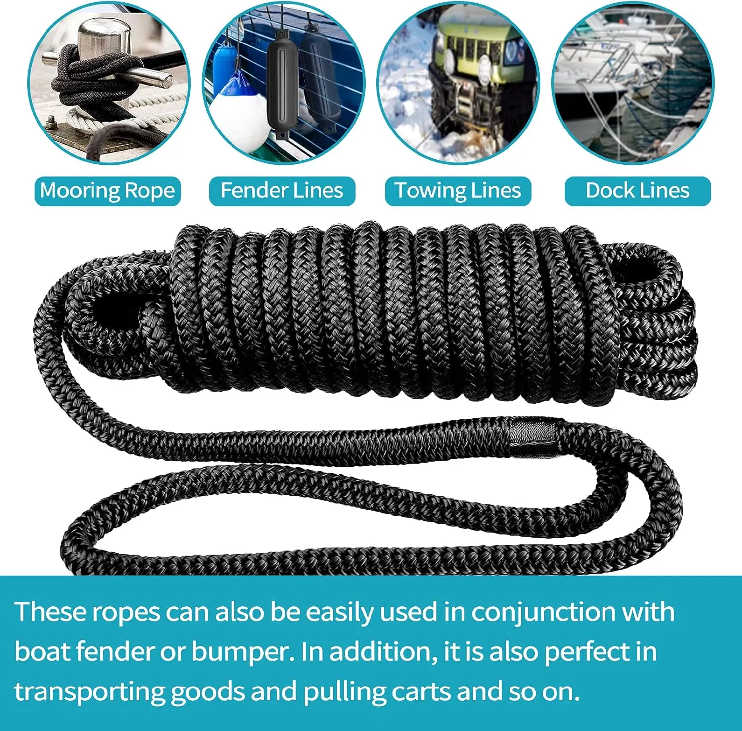 Boat Fender Lines 4 Pack 3/8" x 6FT- Boat Bumper Line Double Braided Nylon Fender Rope with 5" Eyelet Mooring Marine Rope for Boats Line & One End Can Be Spliced with Fenders to Used, Black