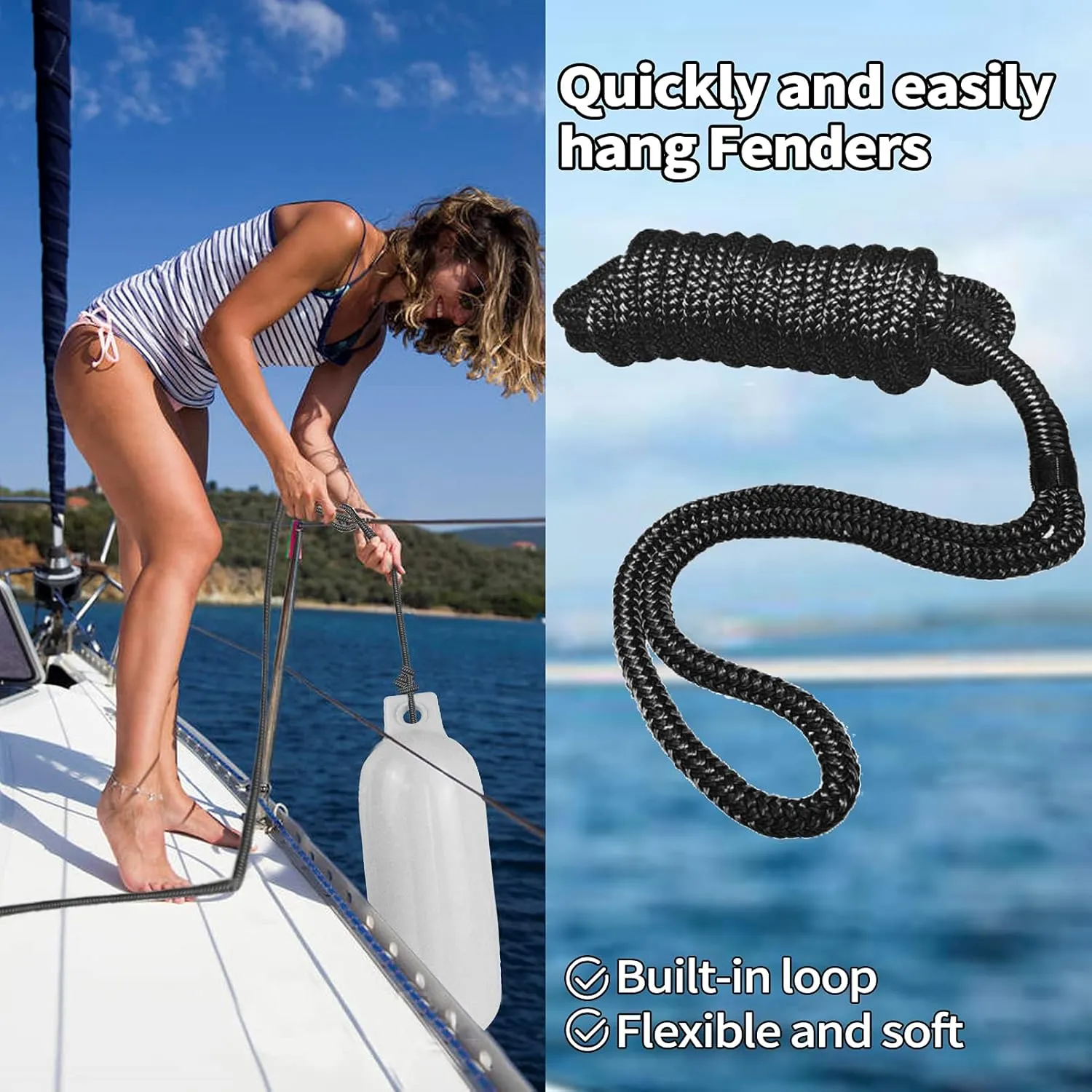 Boat Fender Lines 4 Pack 3/8" x 6FT- Boat Bumper Line Double Braided Nylon Fender Rope with 5" Eyelet Mooring Marine Rope for Boats Line & One End Can Be Spliced with Fenders to Used, Black