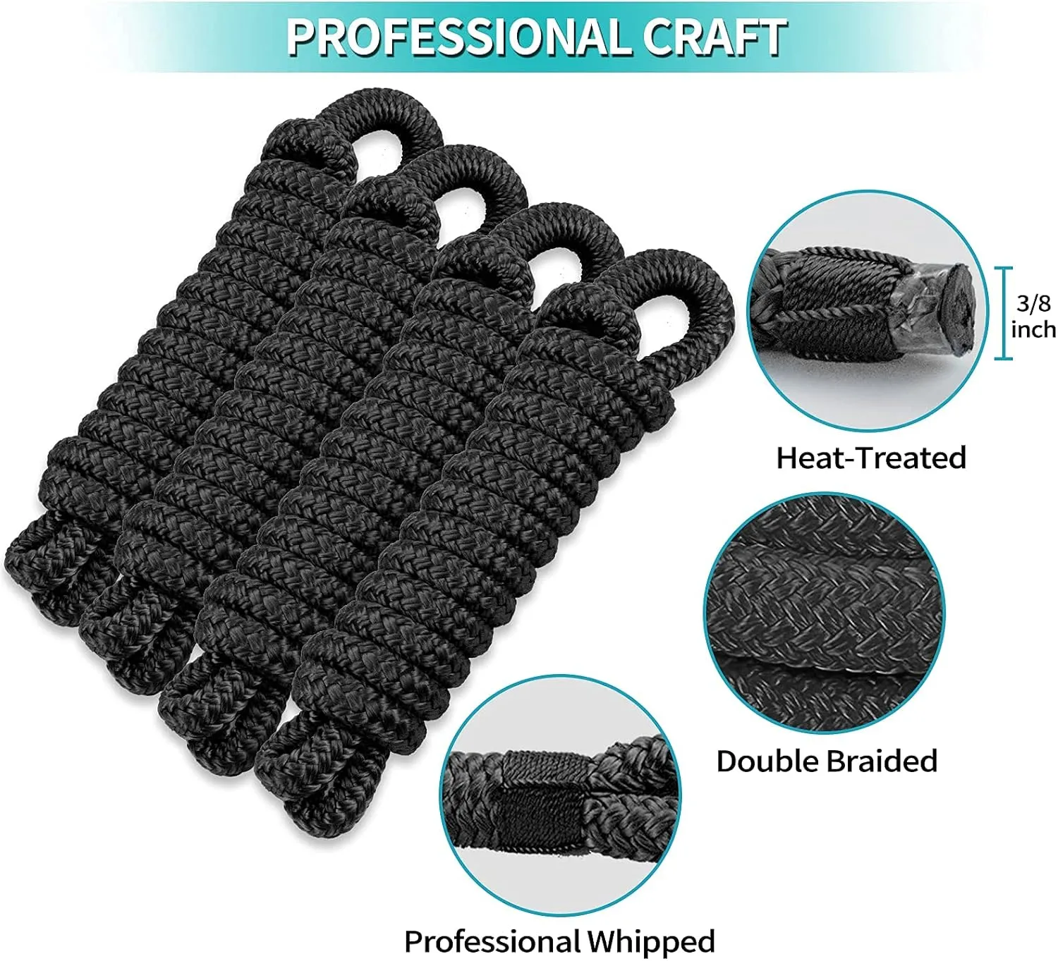 Boat Fender Lines 4 Pack 3/8" x 6FT- Boat Bumper Line Double Braided Nylon Fender Rope with 5" Eyelet Mooring Marine Rope for Boats Line & One End Can Be Spliced with Fenders to Used, Black