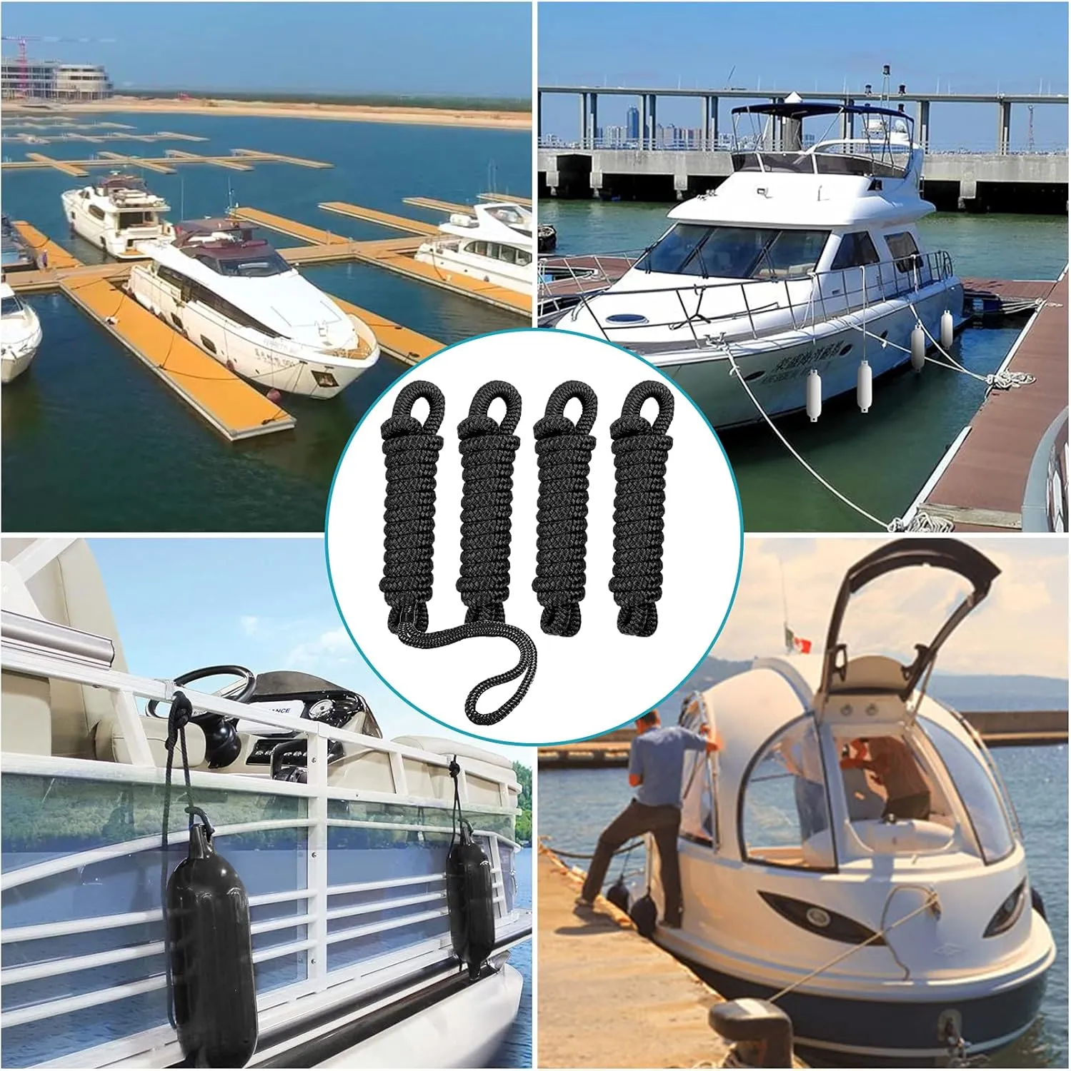 Boat Fender Lines 4 Pack 3/8" x 6FT- Boat Bumper Line Double Braided Nylon Fender Rope with 5" Eyelet Mooring Marine Rope for Boats Line & One End Can Be Spliced with Fenders to Used, Black