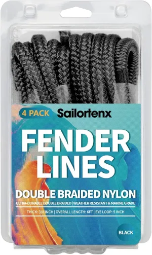 Boat Fender Lines 4 Pack 3/8" x 6FT- Boat Bumper Line Double Braided Nylon Fender Rope with 5" Eyelet Mooring Marine Rope for Boats Line & One End Can Be Spliced with Fenders to Used, Black