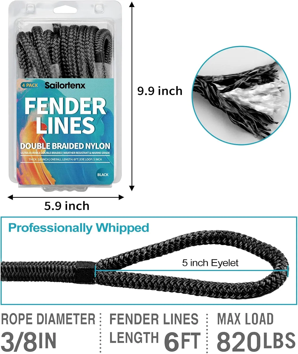 Boat Fender Lines 4 Pack 3/8" x 6FT- Boat Bumper Line Double Braided Nylon Fender Rope with 5" Eyelet Mooring Marine Rope for Boats Line & One End Can Be Spliced with Fenders to Used, Black